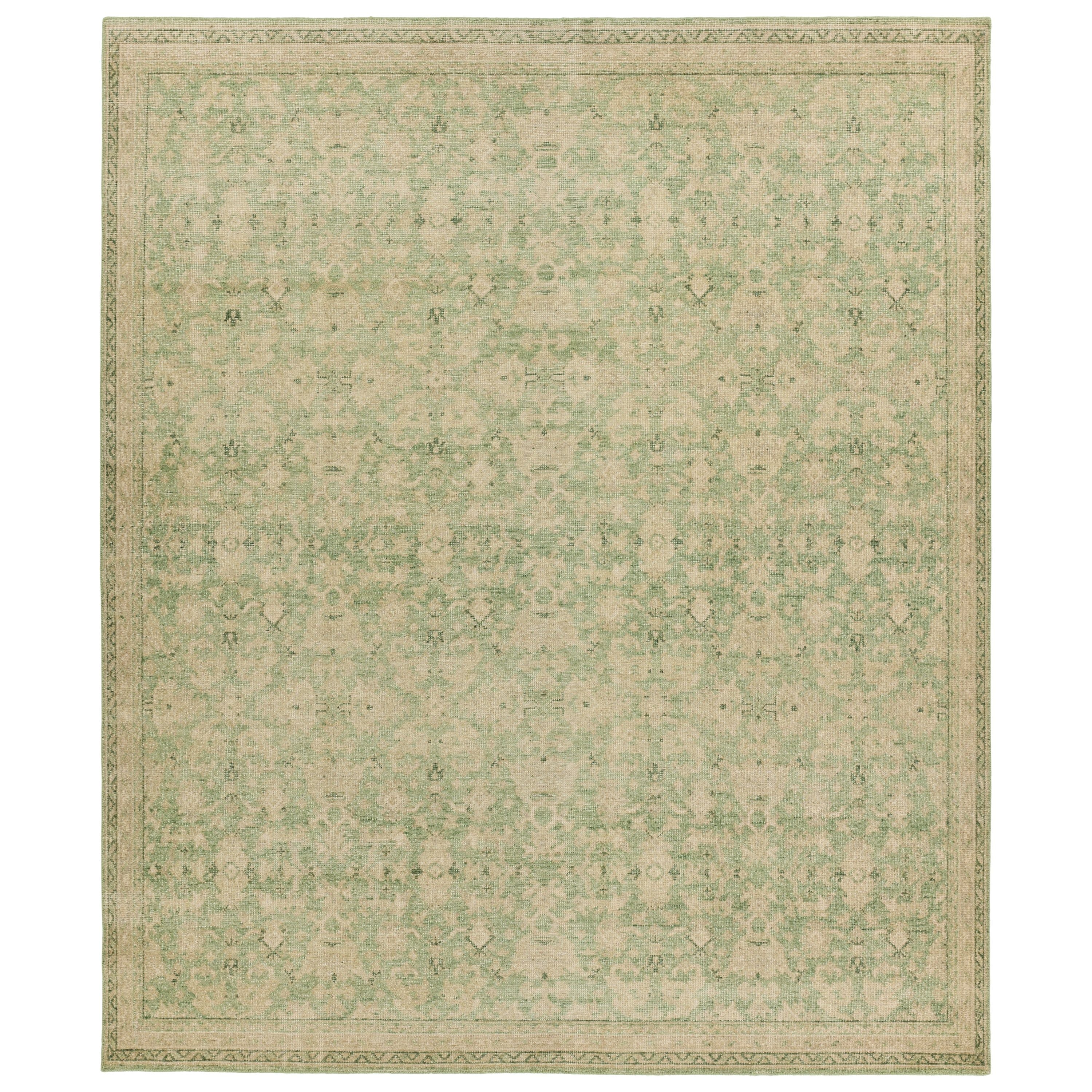 The Onessa collection marries traditional motifs with soft, subdued colorways for the perfect blend of fresh and time-honored style. These hand-knotted wool rugs feature a hand-sheared quality that lends the design a coveted vintage impression. The Rowland rug features a distressed, floral trellis pattern in hues of green, tan, and cream. Amethyst Home provides interior design, new construction, custom furniture, and area rugs in the Charlotte metro area.