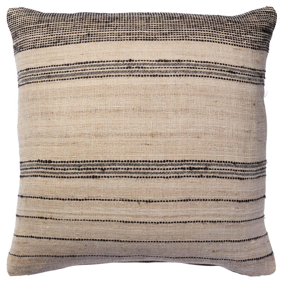 The handcrafted Assise pillow design draws its inspiration from classic linens. This casual stripe brings a sense of structure and order but balanced with an easy softness. The charcoal and off-white color palette provides neutrality to any space.Indoor Pillow Amethyst Home provides interior design, new home construction design consulting, vintage area rugs, and lighting in the Scottsdale metro area.