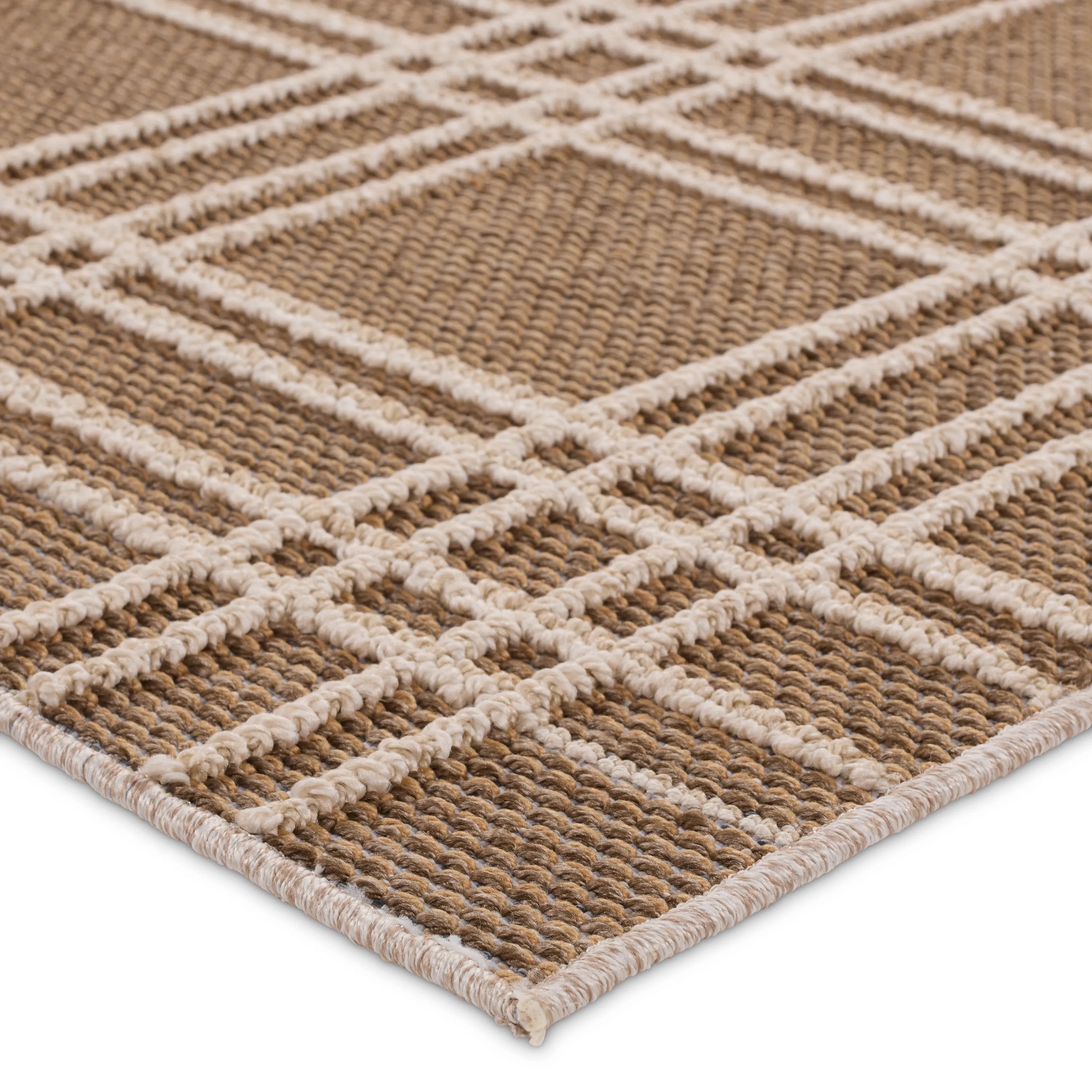 The indoor-outdoor Paradizo collection features durable, weather-resistant fibers that create a flatwoven, natural look. Emanating the colors and tone of grass fibers, the Barrett rug boasts a neutral, grounding palette. The textural grid design paired with the colorway of brown and cream highlight the easily styled nature of this accent piece. Amethyst Home provides interior design, new home construction design consulting, vintage area rugs, and lighting in the Portland metro area.