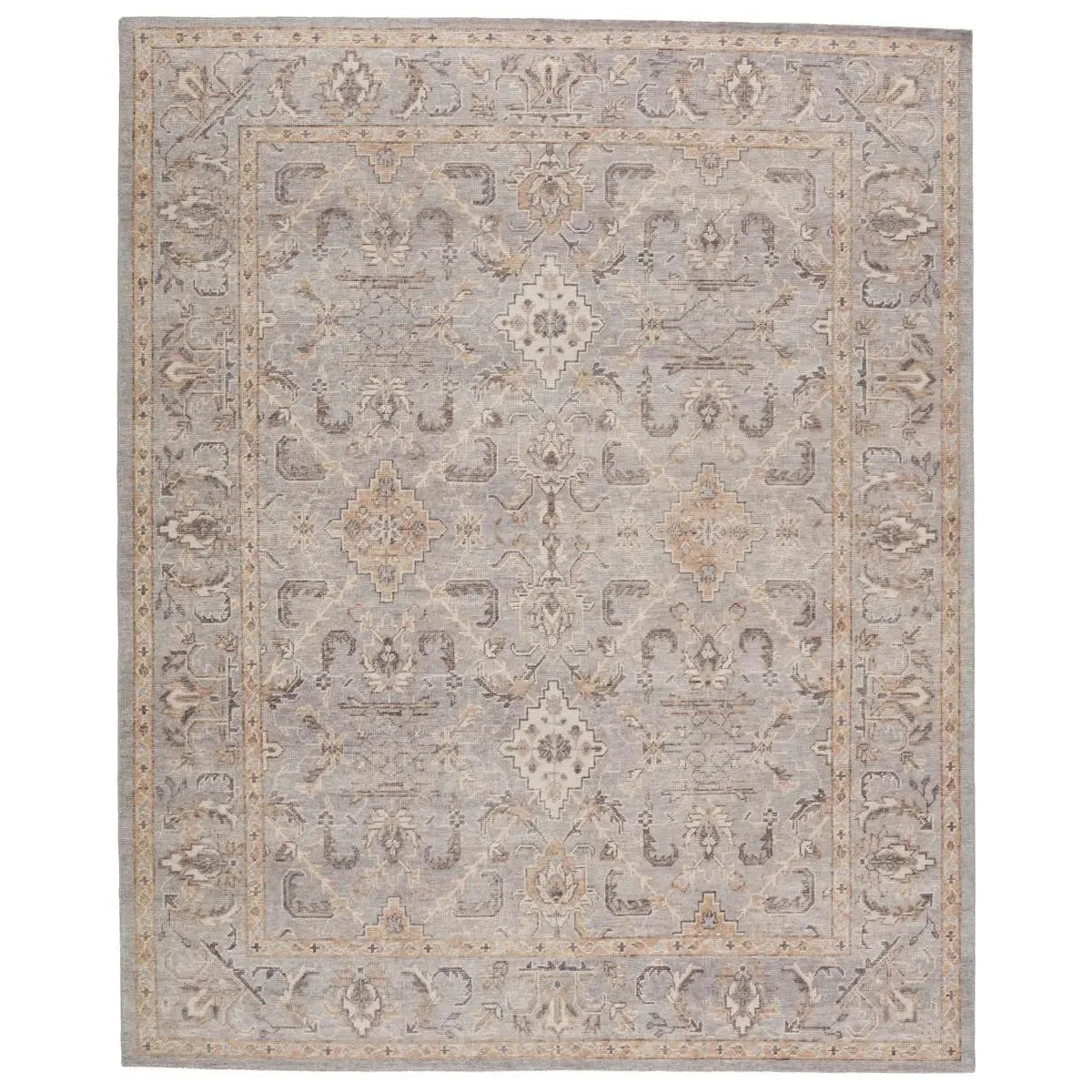 The Revolution Wyndham rug is inspired by traditional style and beautifully detailed antique textile designs. The hand-knotted Wyndham area rug showcases a classic motif in neutral tones of gray and warm tan. Amethyst Home provides interior design services, furniture, rugs, and lighting in the Kansas City metro area.