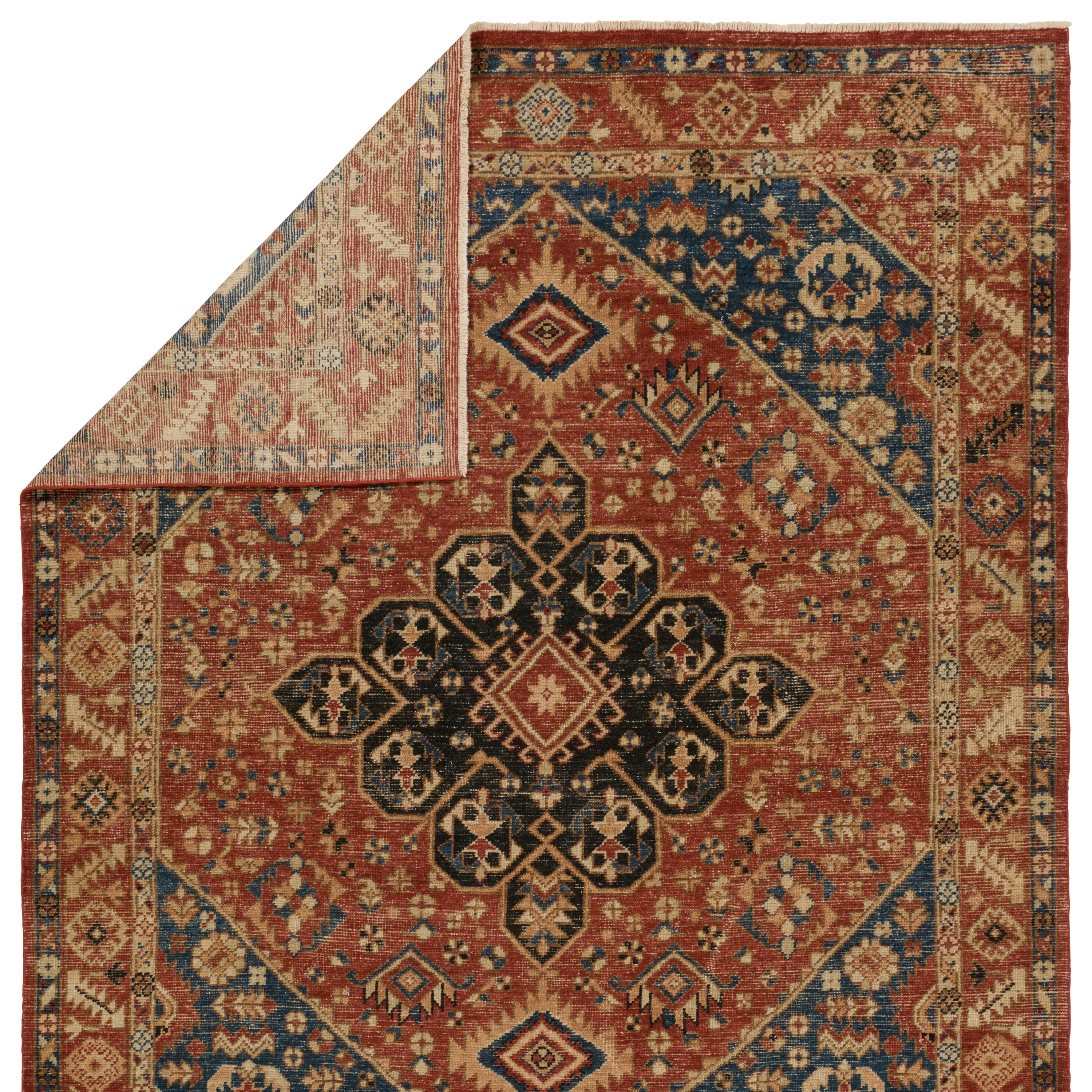 The Rhapsody collection features heirloom-quality designs of stunningly abrashed Old World patterns. The Lucius area rug boasts a beautifully washed center-medallion with a decorative border. The red tones are accented with blue, black, cream, orange, and brown hues for added depth and intrigue. This durable wool handknot anchors living spaces with a fresh take on vintage style. Amethyst Home provides interior design, new construction, custom furniture, and area rugs in the Winter Garden metro area.