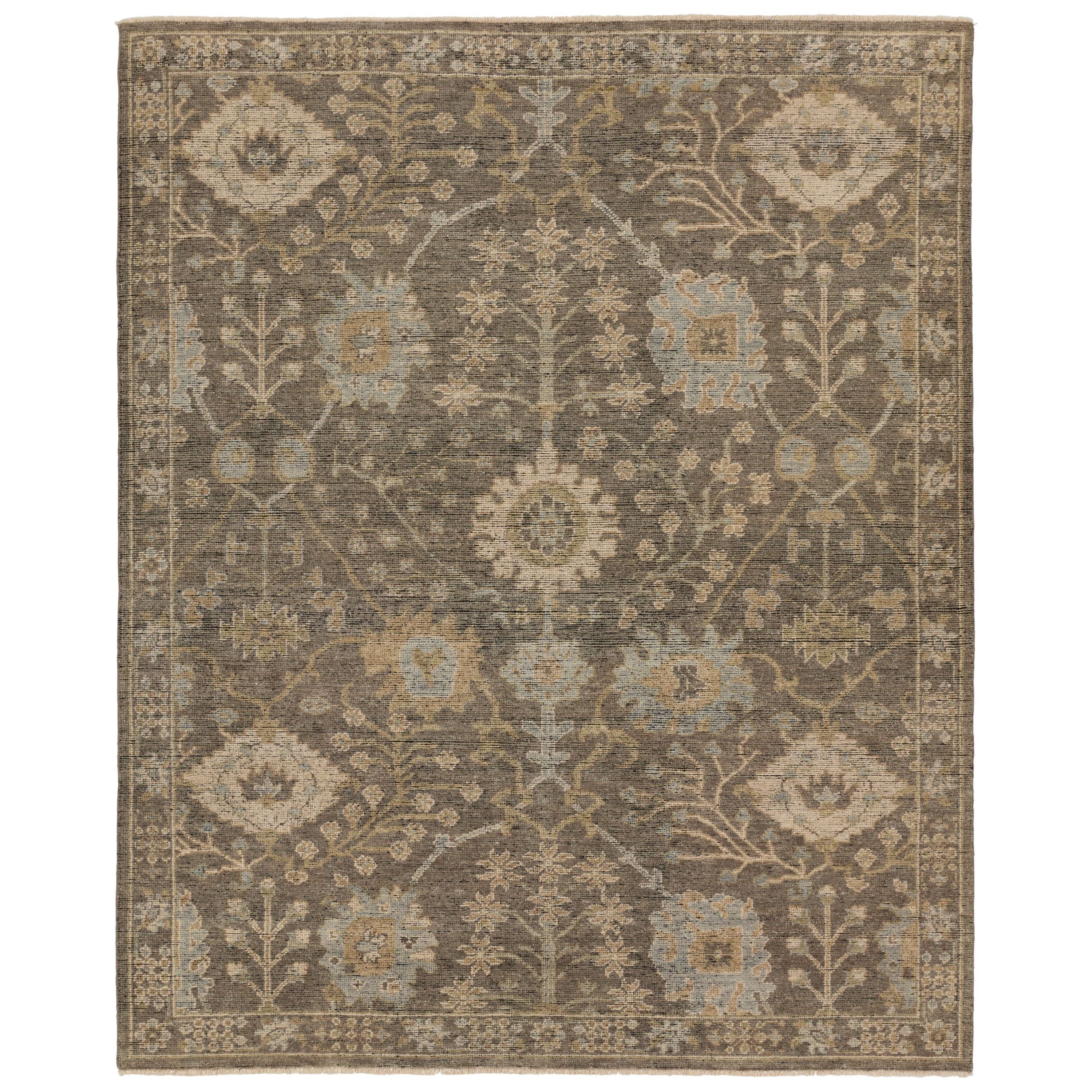 The Rhapsody collection features heirloom-quality designs of stunningly abrashed Old World patterns. The Maeli area rug boasts a beautifully washed Oushak motif with a decorative border. The gray tones are accented with cream, black, brown, and green hues for added depth and intrigue. This durable wool handknot anchors living spaces with a fresh take on vintage style. Amethyst Home provides interior design, new construction, custom furniture, and area rugs in the Nashville metro area.