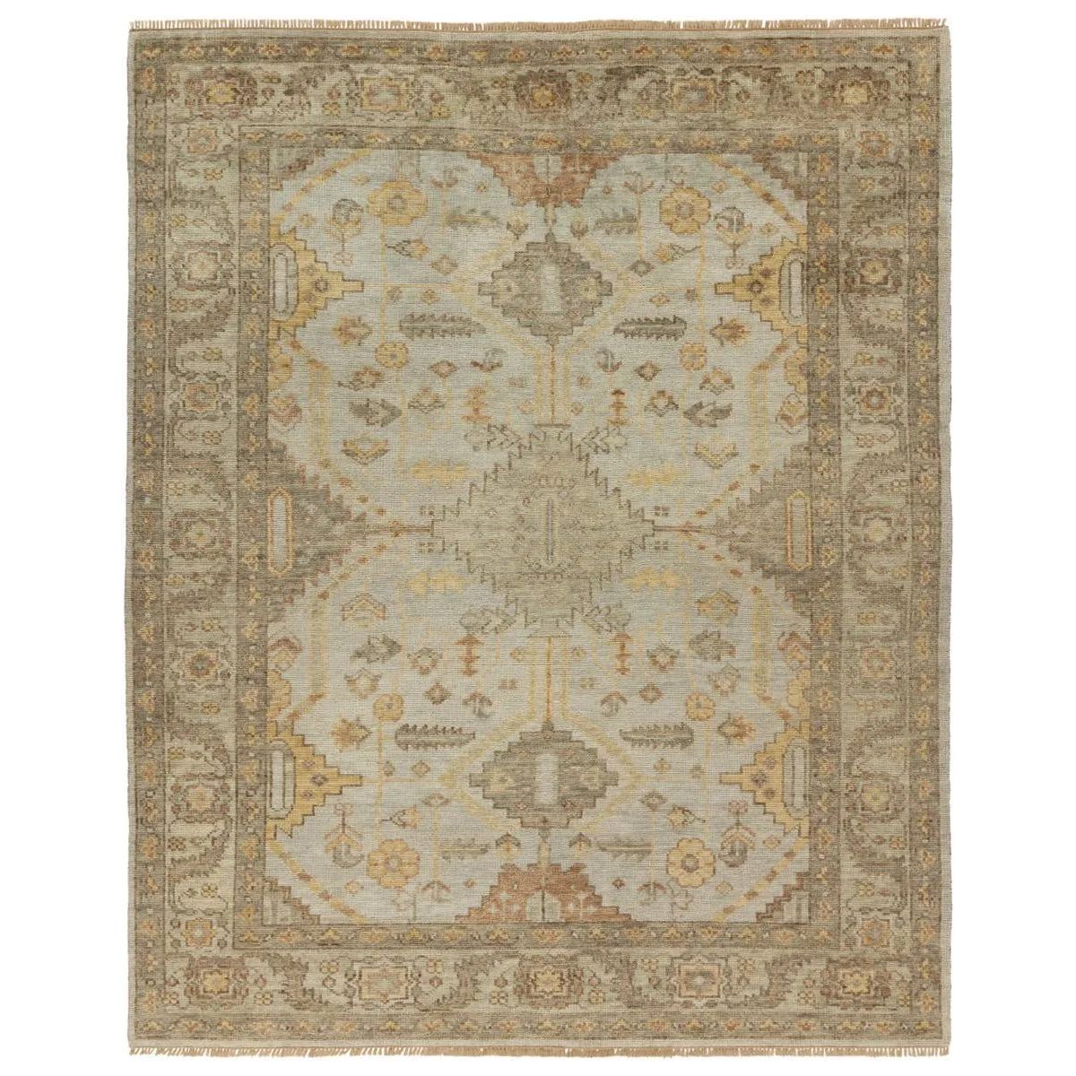 The Rhapsody Gehenna features heirloom-quality designs of stunningly abrashed Old World patterns. The Gehenna area rug boasts a beautifully distressed medallion motif with a decorative border and floral detailing. The gray and brown tones are accented with light blue, sage, beige, and yellow hues for added depth and intrigue. Amethyst Home provides interior design, new home construction design consulting, vintage area rugs, and lighting in the Houston metro area.