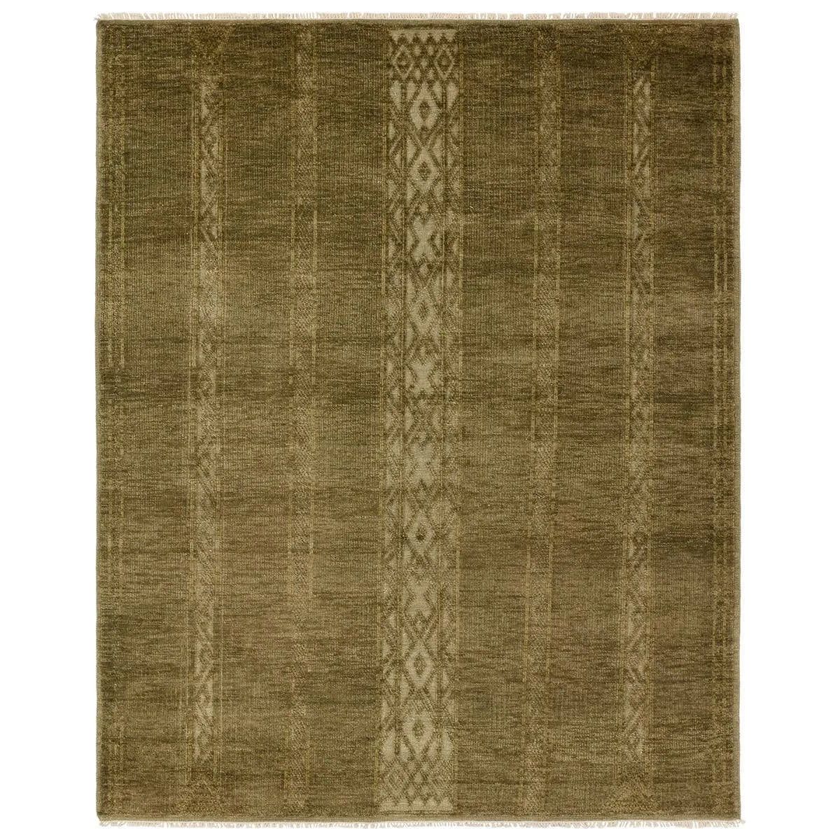 The hand-knotted Tapeten Achala features globally inspired designs that evoke a balance of tradition and modernity. The Achala pattern stuns with a high-low effect that distinguishes the olive green, geometric, striped pattern. Amethyst Home provides interior design, new home construction design consulting, vintage area rugs, and lighting in the Alpharetta metro area.
