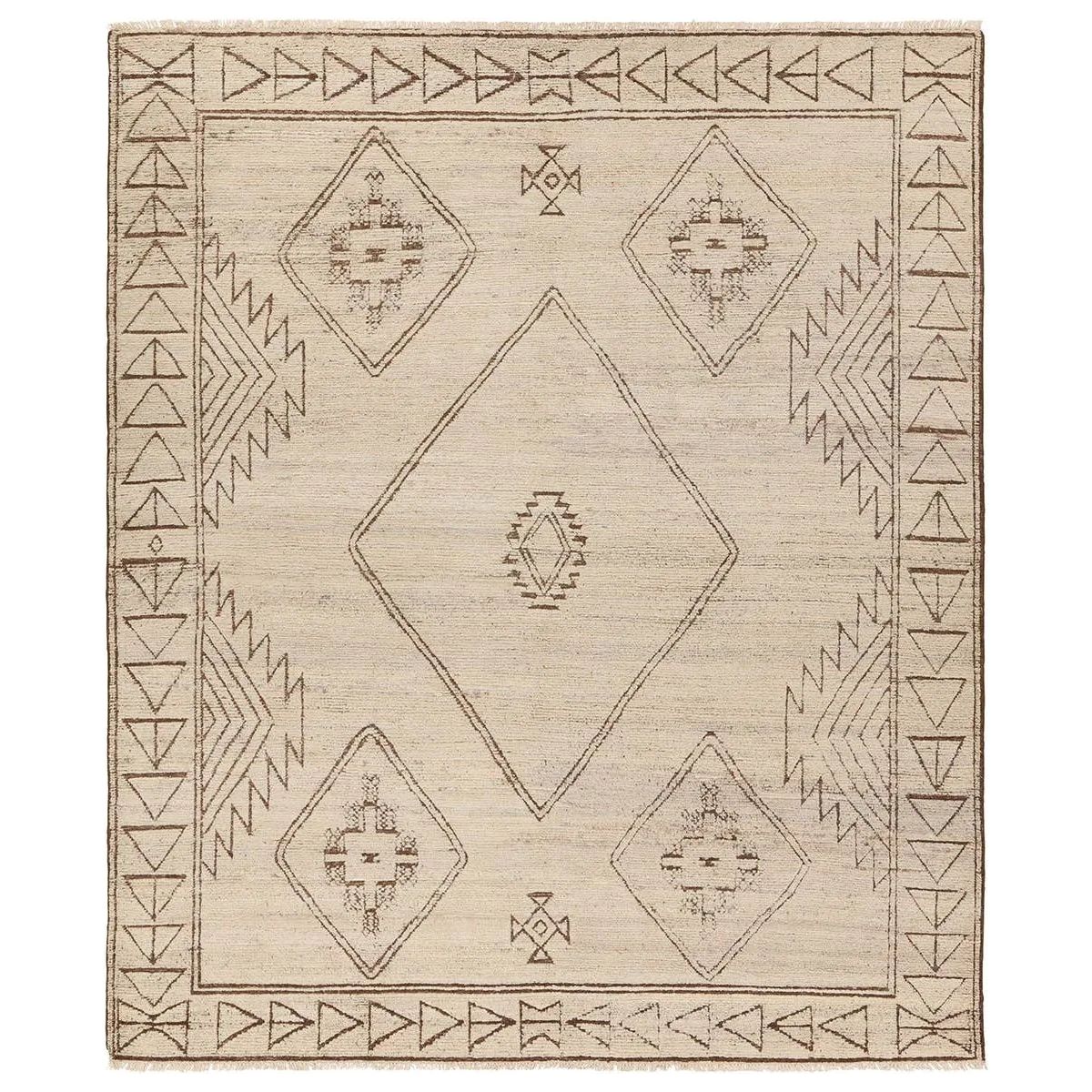 Envelop living spaces in the rich heritage of tribal artistry with the Zayda by Heja Home Elvendria. These handknotted rugs, expertly crafted in India using 100% wool, exude a mesmerizing blend of tribal charm and timeless geometric elegance. The Elvendria design features an open medallion design in a tan and taupe colorway. Amethyst Home provides interior design, new home construction design consulting, vintage area rugs, and lighting in the Houston metro area.