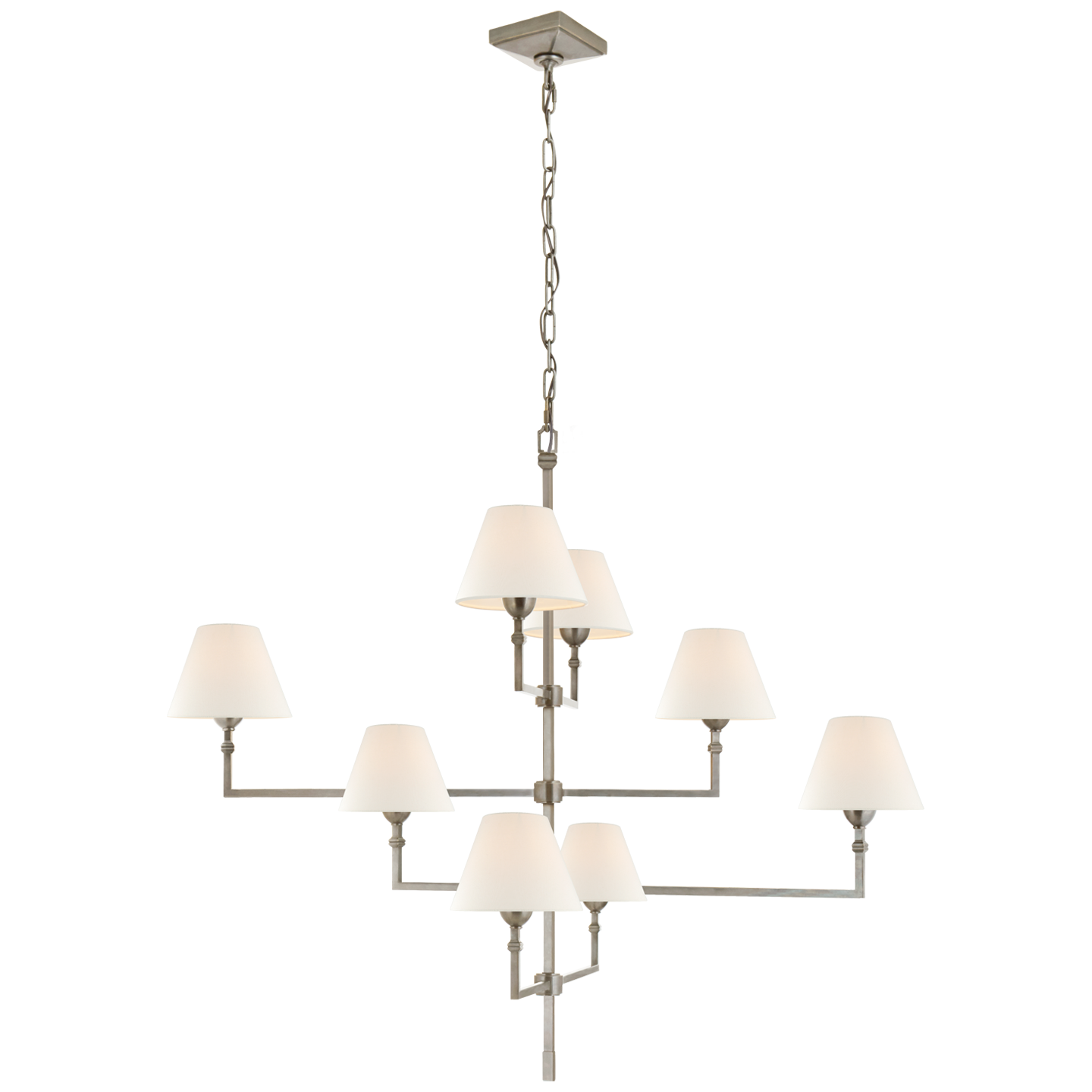 The gorgeous layers of linen shades on this Jane Large Offset Chandelier make it a classic, elegant piece to add to any living room, dining room, or other large area  Designer: Alexa Hampton
