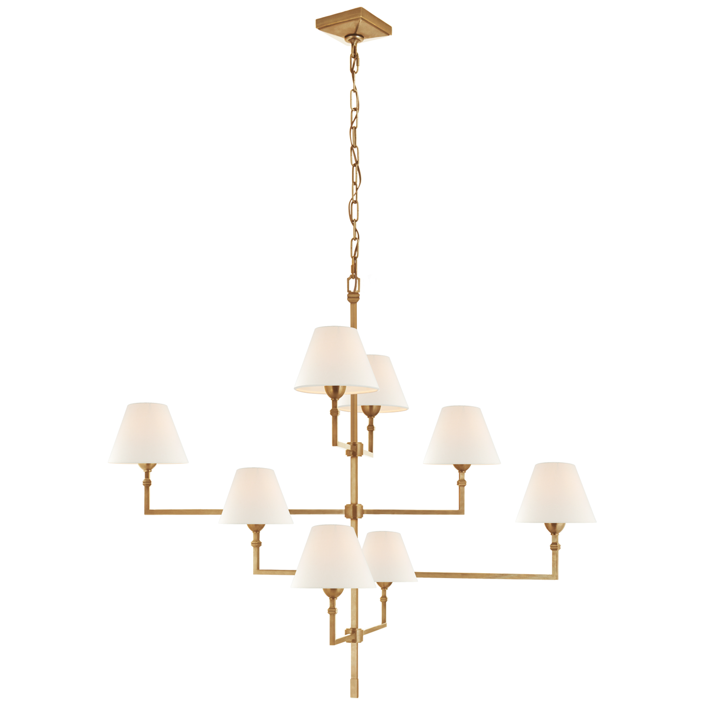 The gorgeous layers of linen shades on this Jane Large Offset Chandelier make it a classic, elegant piece to add to any living room, dining room, or other large area  Designer: Alexa Hampton