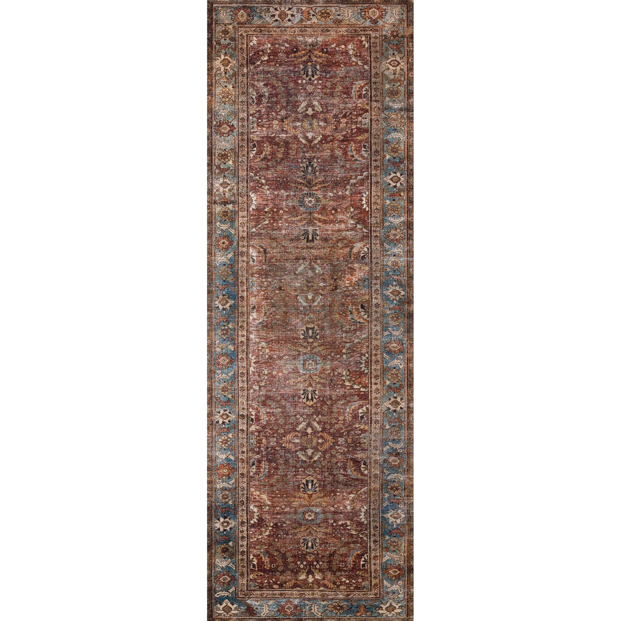 Layla Brick/Blue Rug - Amethyst Home The Layla Collection is traditional and timeless, with a beautiful lived-in design that captures the spirit of an old-world rug. This traditional power-loomed rug is crafted of 100% polyester with a classic and sophisticated color palette and subtle patina.