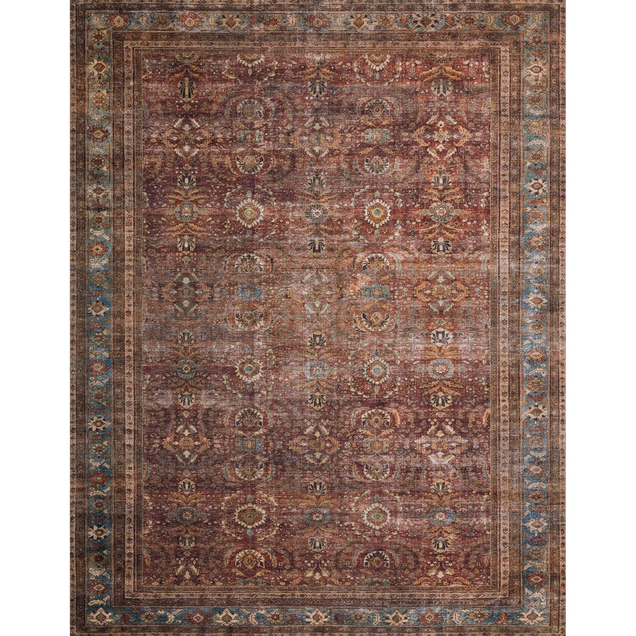 Layla Brick/Blue Rug - Amethyst Home The Layla Collection is traditional and timeless, with a beautiful lived-in design that captures the spirit of an old-world rug. This traditional power-loomed rug is crafted of 100% polyester with a classic and sophisticated color palette and subtle patina.