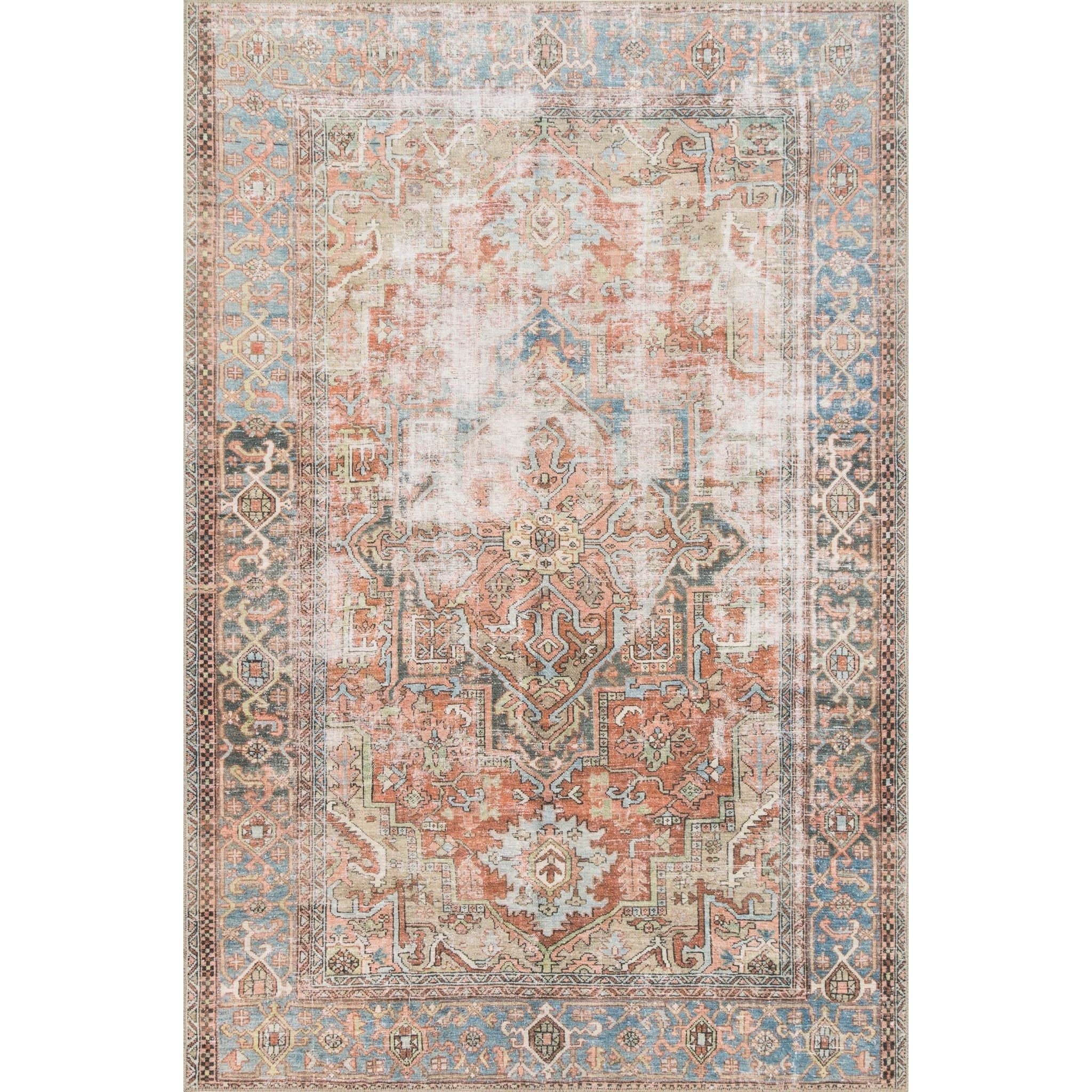 Perfect for families with kids and pets and very easy to clean and maintain. Comes in area, cute kitchen and hallway runner sizes. The rug warms up any room with tones of red, blue, and ivory. The Loren Terracotta / Sky rug from Loloi captures the spirit of a one-of-a-kind vintage and antique area rug.