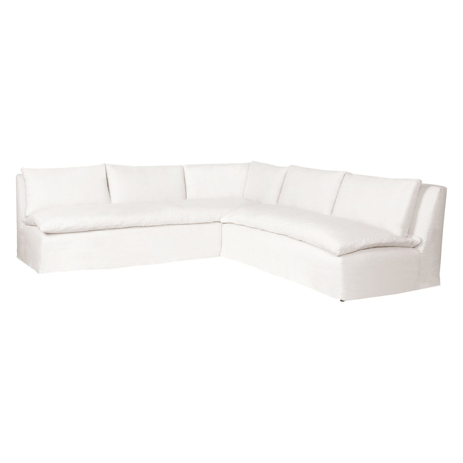 A casual, slipcovered chunky linen sectional by Cisco Brothers, The Laguna is the ultimate in casual luxury.  A down-filled seat cushion is supported by springs in a gentle, resting position.  Pair with a one-of-a-kind statement rug for a signature look.  Shown in Otis White 100% linen  113"w x 31"h x 113"d Seat Space: 96"w x 96"d x 16"h  Available in Slipcovered and Upholstered. Shown as a Right Arm Facing Sectional.