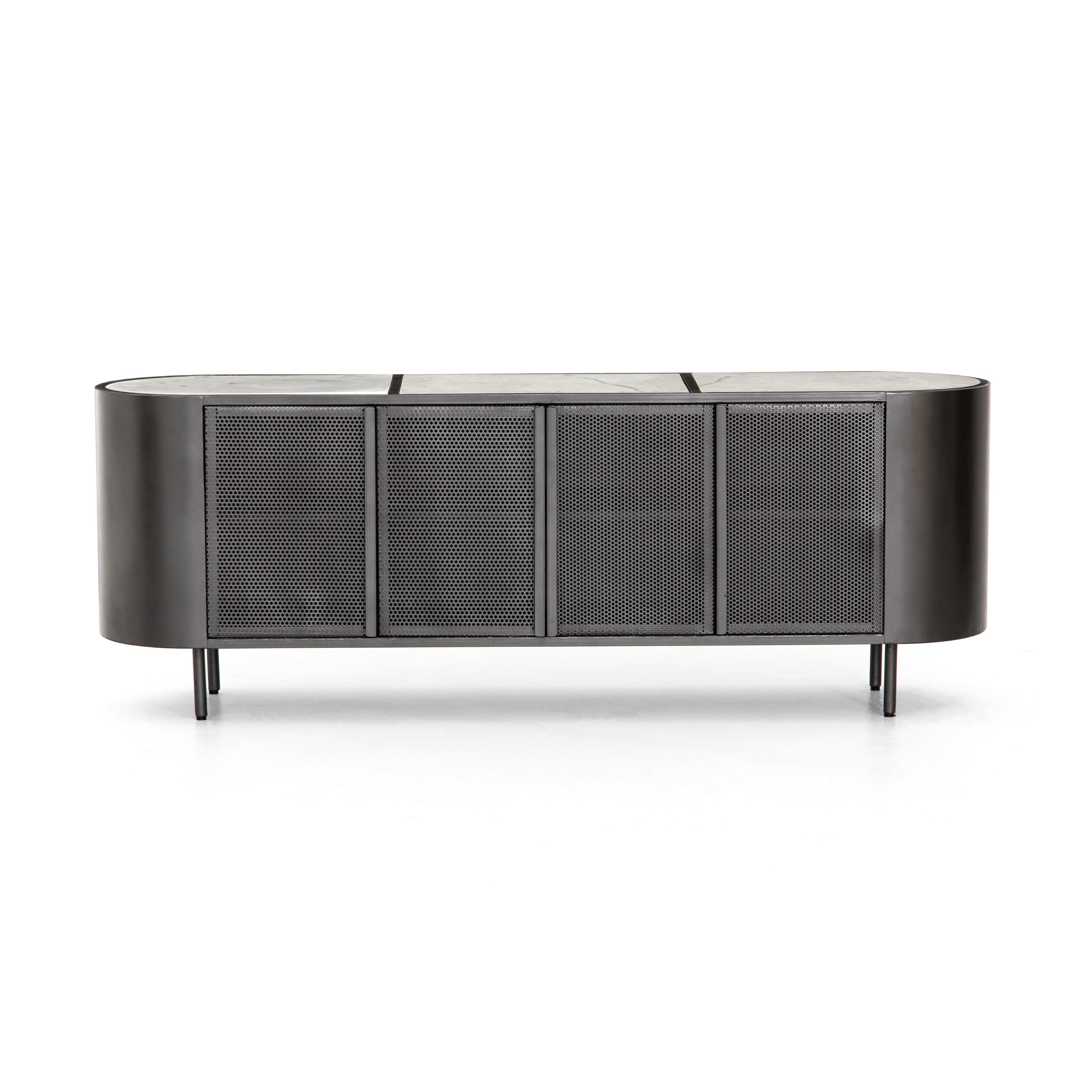 The Libby Media Console is sleek and practical, with it's black finish and polished white triptych-style marble top.  Size: 72"w x 17"d x 26"h Materials: Iron, Iron, Marble