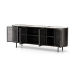 The Libby Media Console is sleek and practical, with it's black finish and polished white triptych-style marble top.  Size: 72"w x 17"d x 26"h Materials: Iron, Iron, Marble
