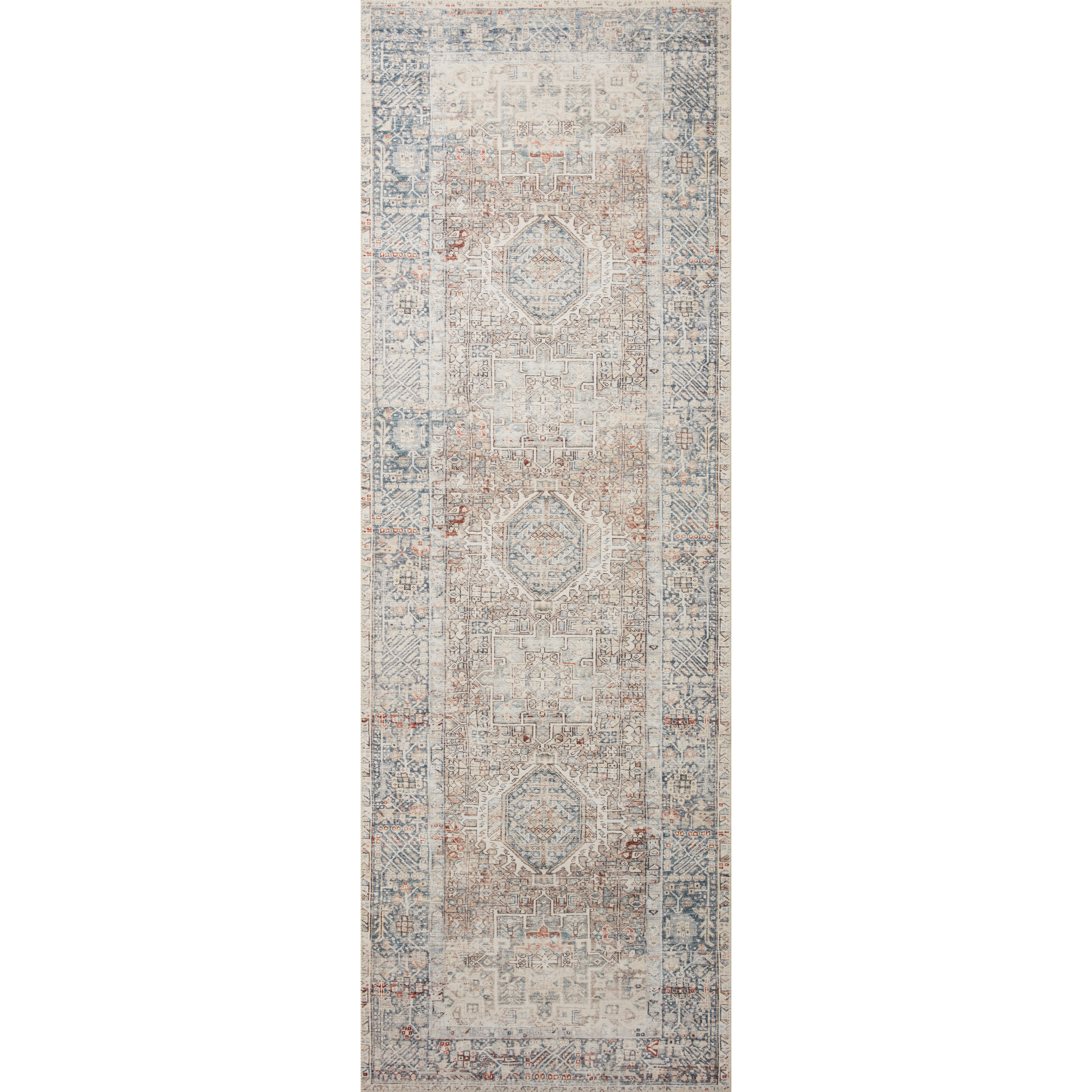 Durable, low pile, and soft underfoot, this rug is inspired by classic vintage and antique rugs. The Jules Chris Loves Julia Natural / Ocean JUL-07 rug from Loloi features a beautiful vintage pattern and patina. The rug is easy to clean and maintain and perfect for living rooms, dining rooms, hallways, and kitchens!