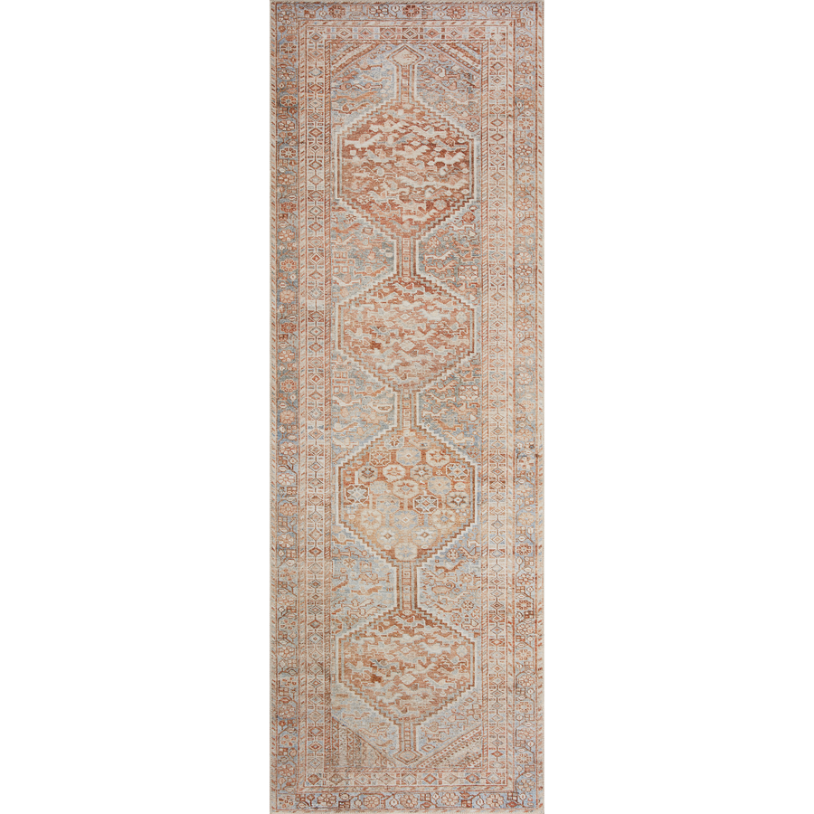 Durable, low pile, and soft underfoot, this rug is inspired by classic vintage and antique rugs. The Jules Chris Loves Julia Tangerine / Mist rug from Loloi features a beautiful vintage pattern and patina. The rug is easy to clean and maintain and perfect for living rooms, dining rooms, hallways, and kitchens!