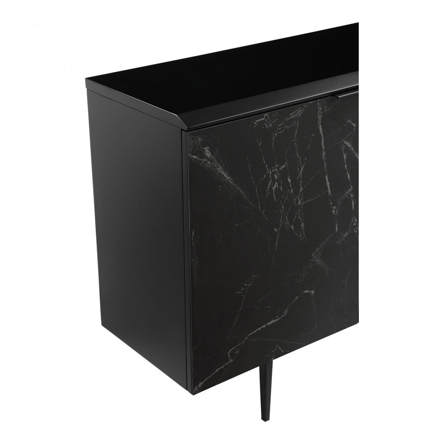 We love the sleek, dark look of the marbled ceramic face and thin dark legs. With both drawers and shelving, this is stunning and functional choice for any dining room, living room, or other area needing extra storage.  Size: 63"W x 15.5"D x 33.5"H Material: Ceramic Marble Doors, Solid Aluminum Legs, MDF