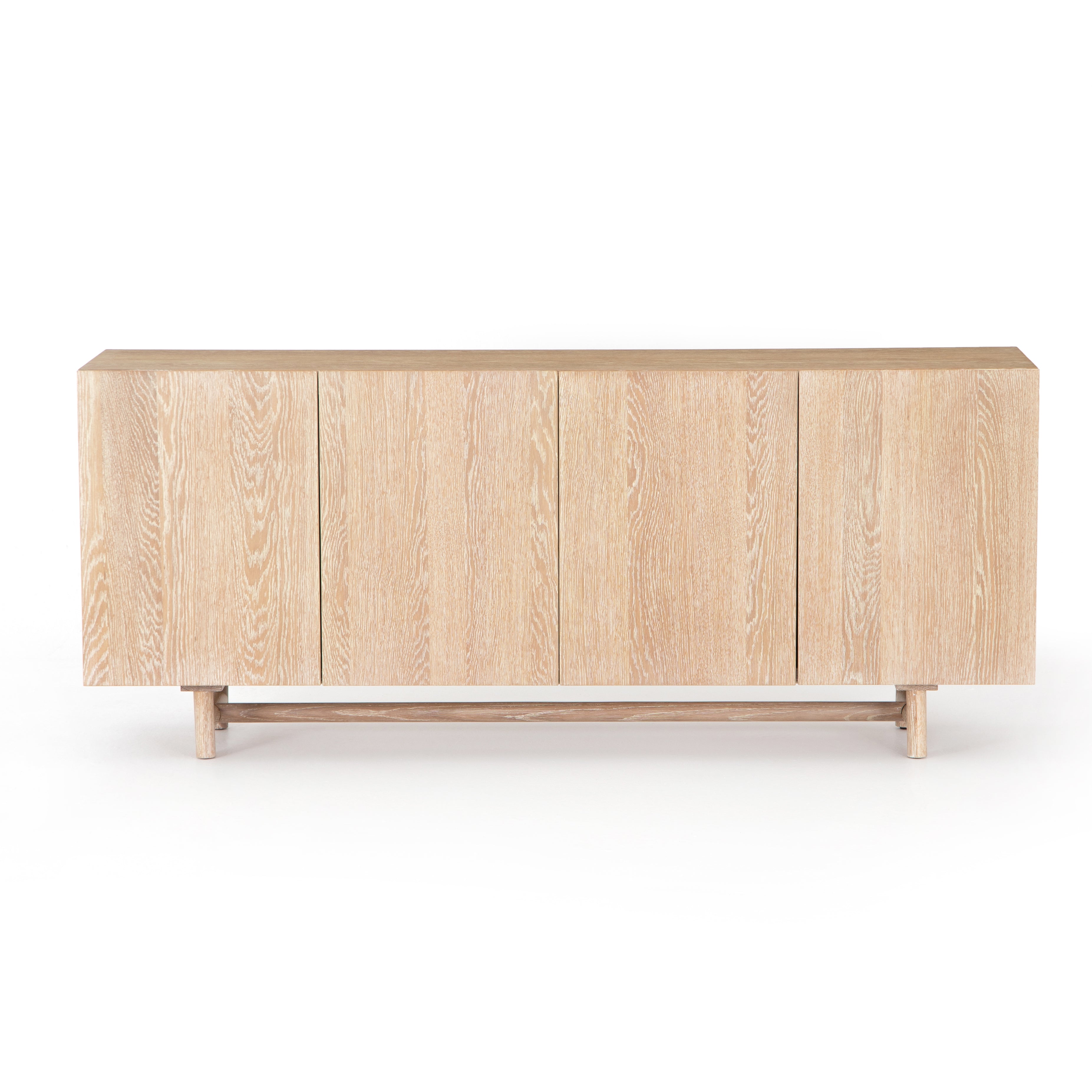 We love the grained matte finish on this Mika Washed Oak Veneer Dining Sideboard. The shelves make this the perfect sideboard for a functional, modernly attractive piece to add to your dining room  Size:  72.00"w x 16.00"d x 30.00"h Materials: Oak Veneer