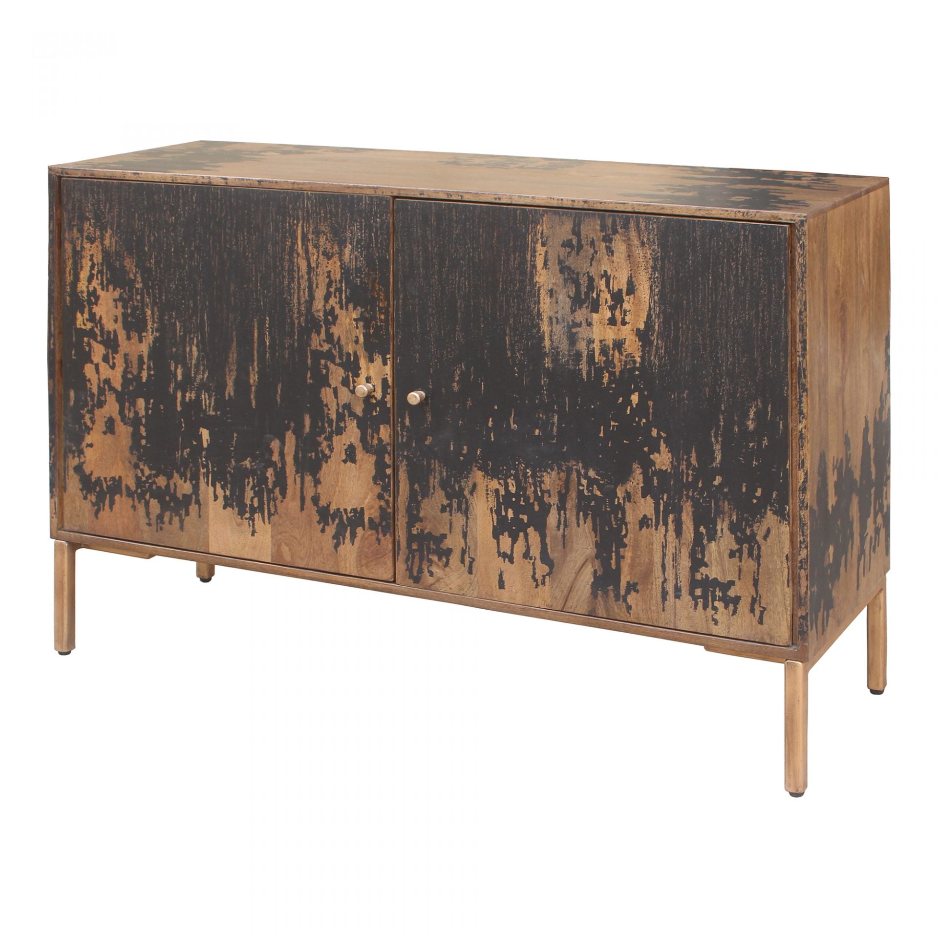 The rustic look to this Artists Small Sideboard is extremely versatile, fitting both the industrial and farmhouse aesthetics. The golden knobs open to shelves, perfect for those families needing extra storage.   Size: 48"W x 16"D x 33.5"H Material: Solid Mango, Iron Legs