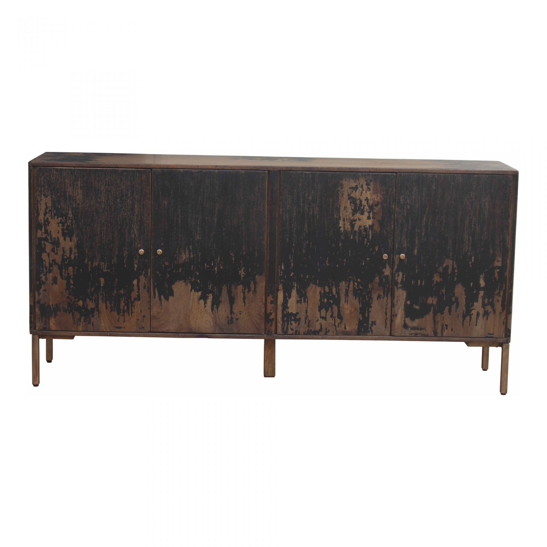 The rustic look to this Artists Sideboard is extremely versatile, fitting both the industrial and farmhouse aesthetics. The golden knobs open to shelves, perfect for those families needing extra storage.   Size: 71"W x 16"D x 33.5"H Material: Solid Mango, Iron Legs