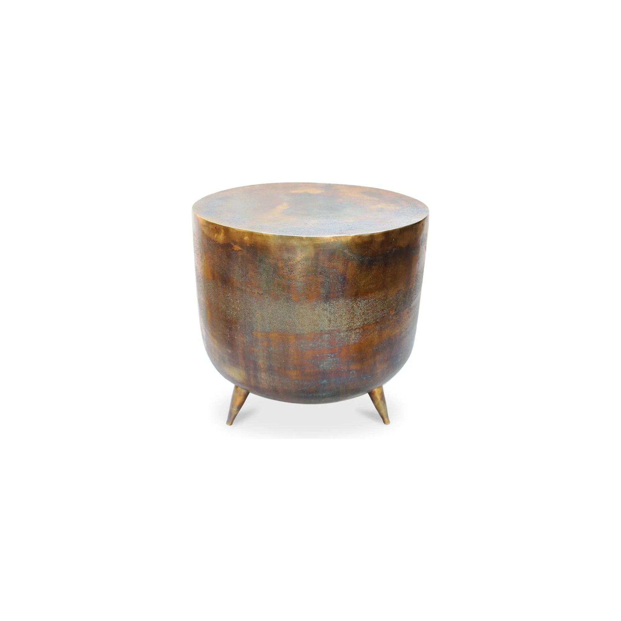 A unique accent table that is bound to make an impact on your Décor. With tones of gold and copper, this drum-style table provides an eclectic, designer look. Crafted in aluminum with a rustic finish Amethyst Home provides interior design, new home construction design consulting, vintage area rugs, and lighting in the San Diego metro area.