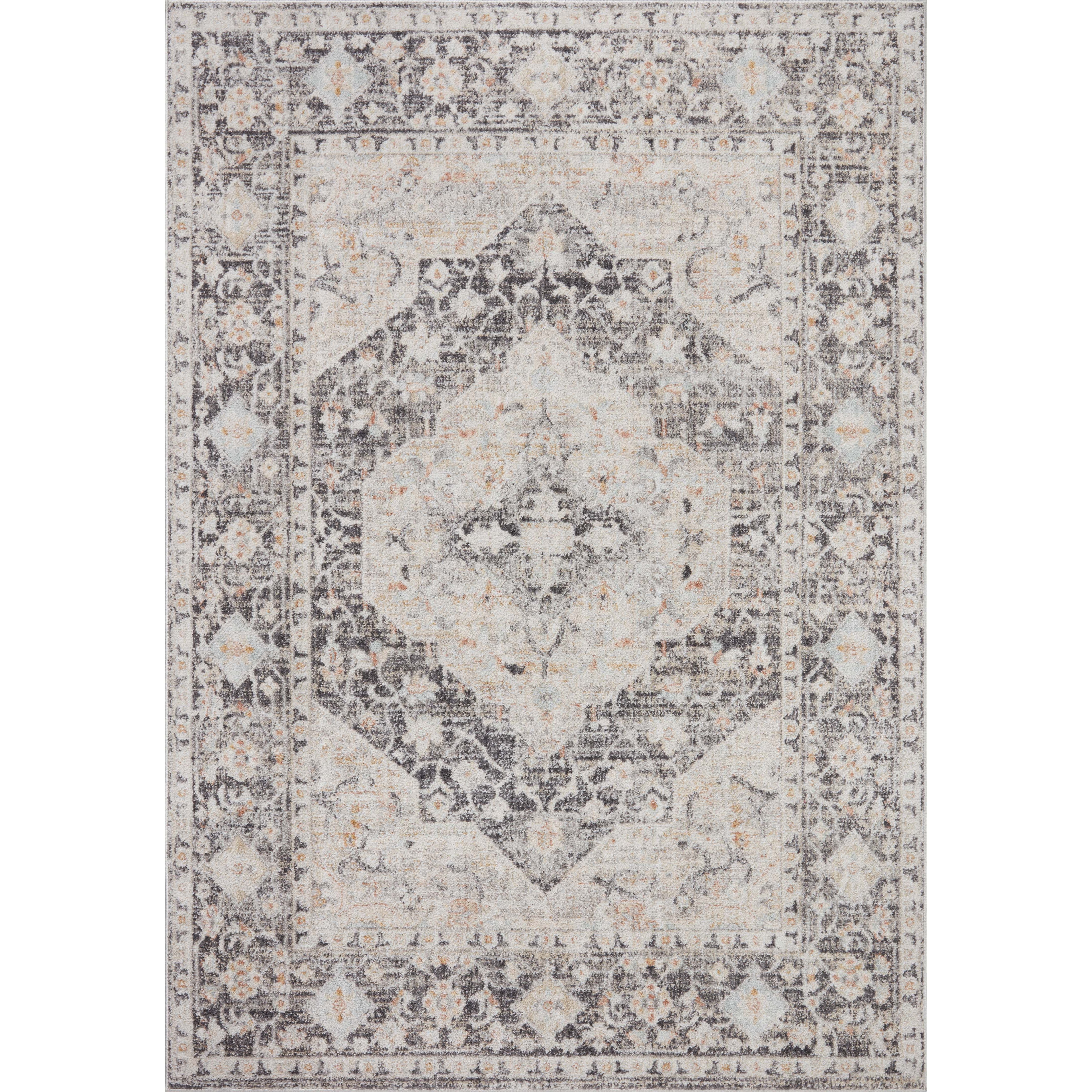 Inspired by antique Turkish Oushak carpets with large-scale motifs, the Monroe Charcoal / Multi Rug modernizes the traditional design in neutral palettes, many of which have black details that anchor the rug in the room. Monroe is power-loomed of 100% polypropylene for easy care and reliable durability. Amethyst Home provides interior design, new construction, custom furniture, and area rugs in the Charlotte metro area.