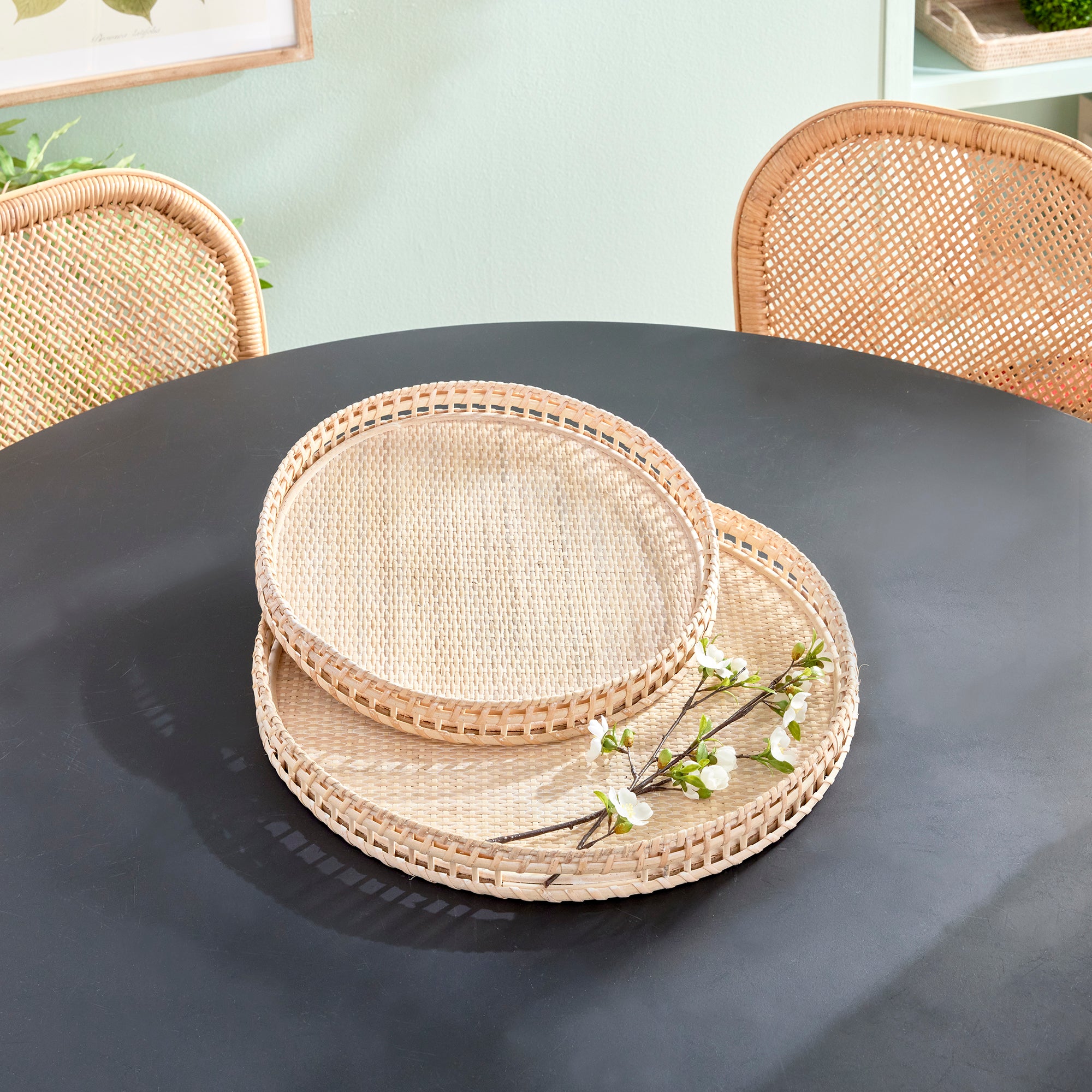 In a woven rattan with a fresh whitewash finish, these substantial, coastal-inspired trays are a welcomed accent in any setting. Perfect for coffee table or ottoman to create a base for a stunning vignette. Amethyst Home provides interior design, new construction, custom furniture, and area rugs in the San Diego metro area.