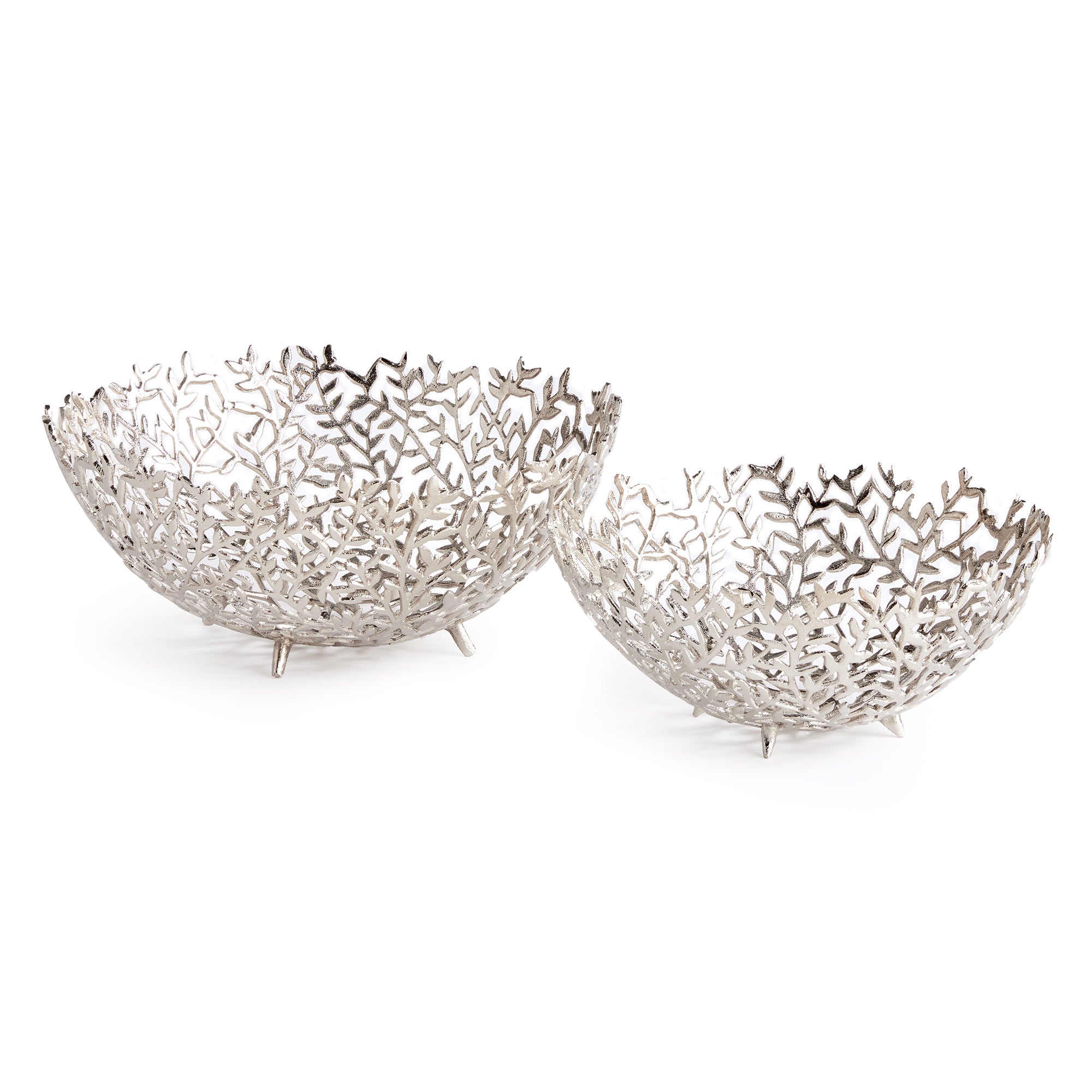 Light flowing vines make up the composition of this pair of silver decorative bowls. Fill with natural green orbs, or display as is for a clean, sophisticated look. Amethyst Home provides interior design, new construction, custom furniture, and area rugs in the Boston metro area.