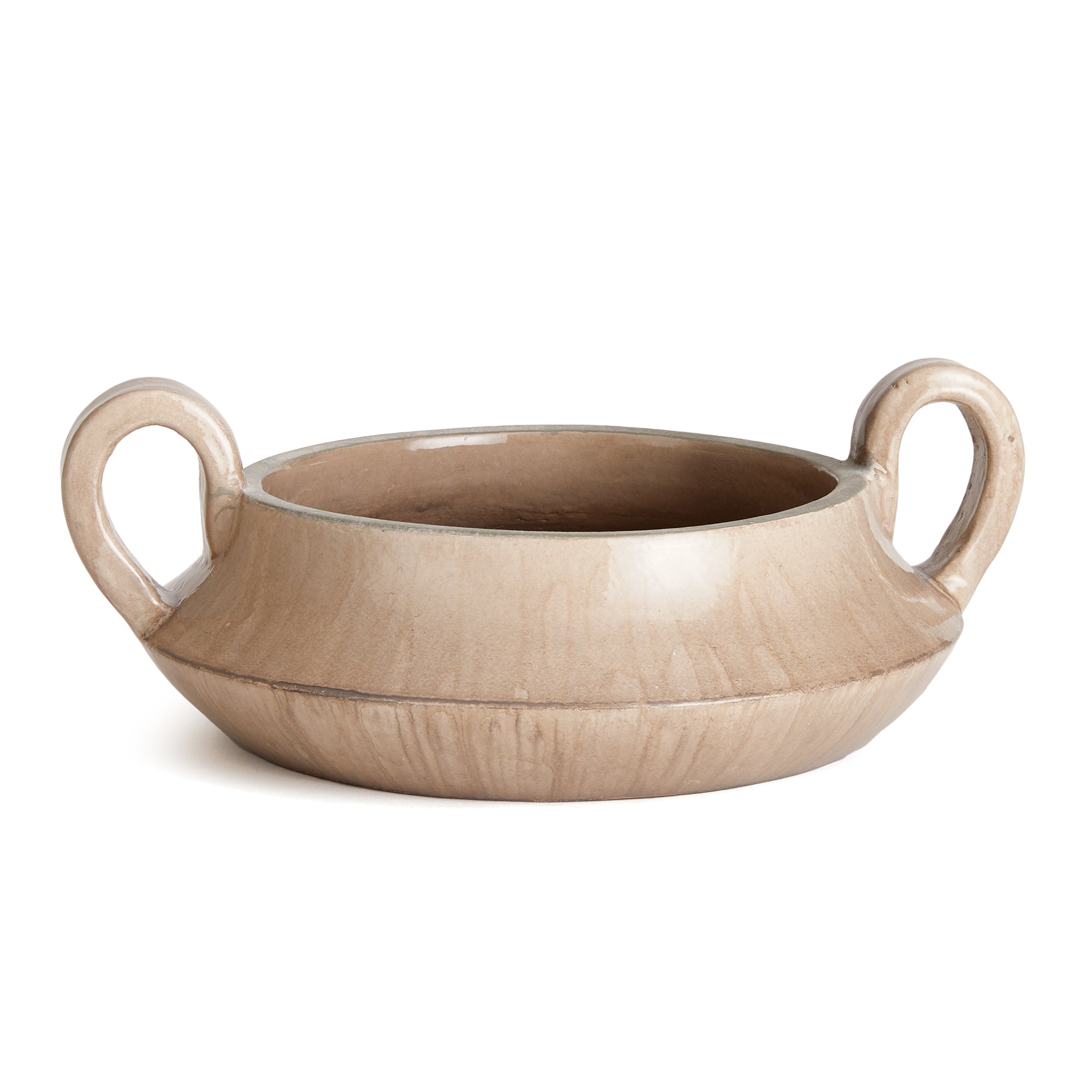 This vintage-inspired perfectly taupe bowl is not short on character and charm. From the unique shape, to the elevated loop handles and artistically uneven glaze, it makes a beautiful accent for kitchen or dining room. Amethyst Home provides interior design, new construction, custom furniture, and area rugs in the Miami metro area.