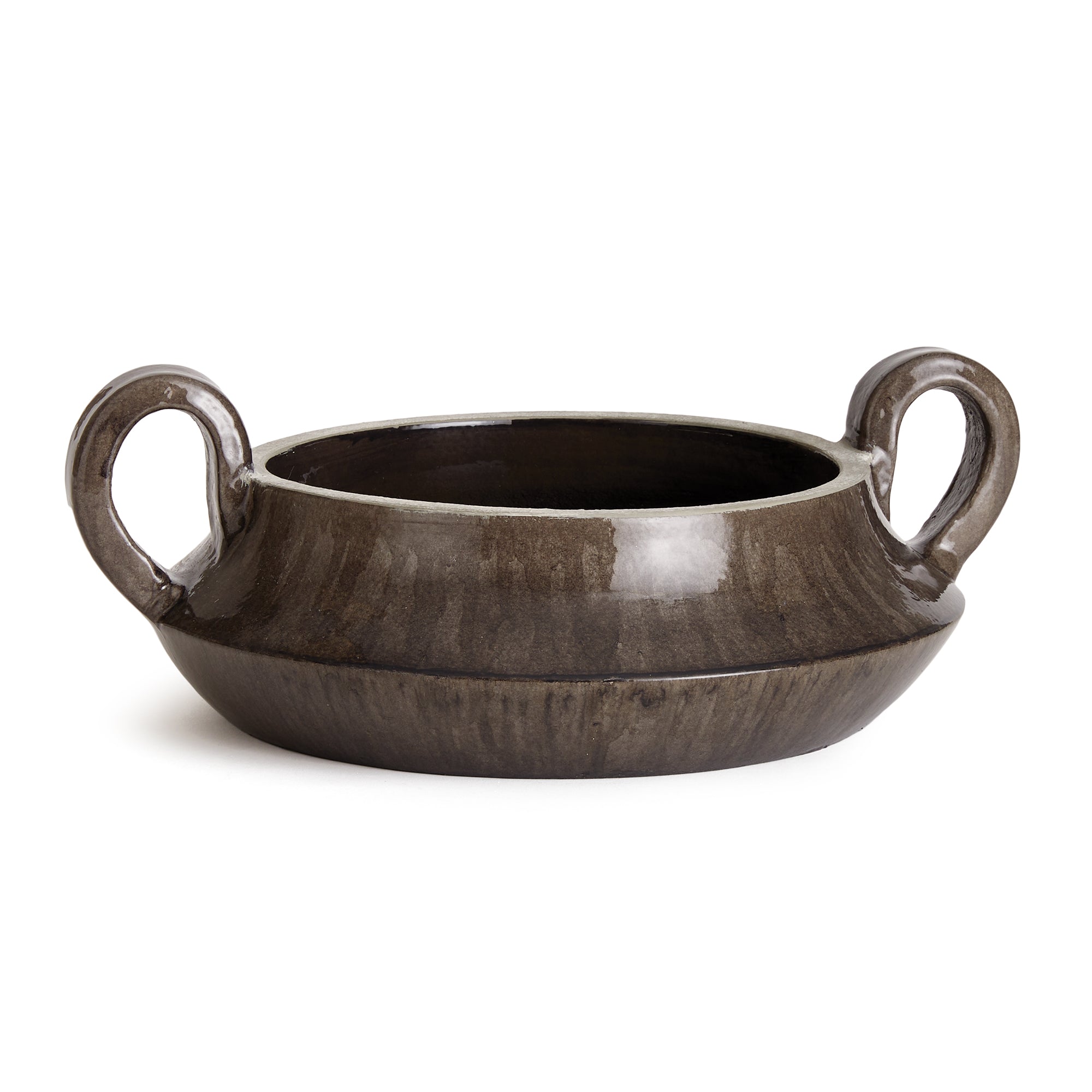 This vintage-inspired deep soothing gray bowl is not short on character and charm. From the unique shape, to the elevated loop handles and artistically uneven glaze, it makes a beautiful accent for kitchen or dining room. Amethyst Home provides interior design, new construction, custom furniture, and area rugs in the San Diego metro area.