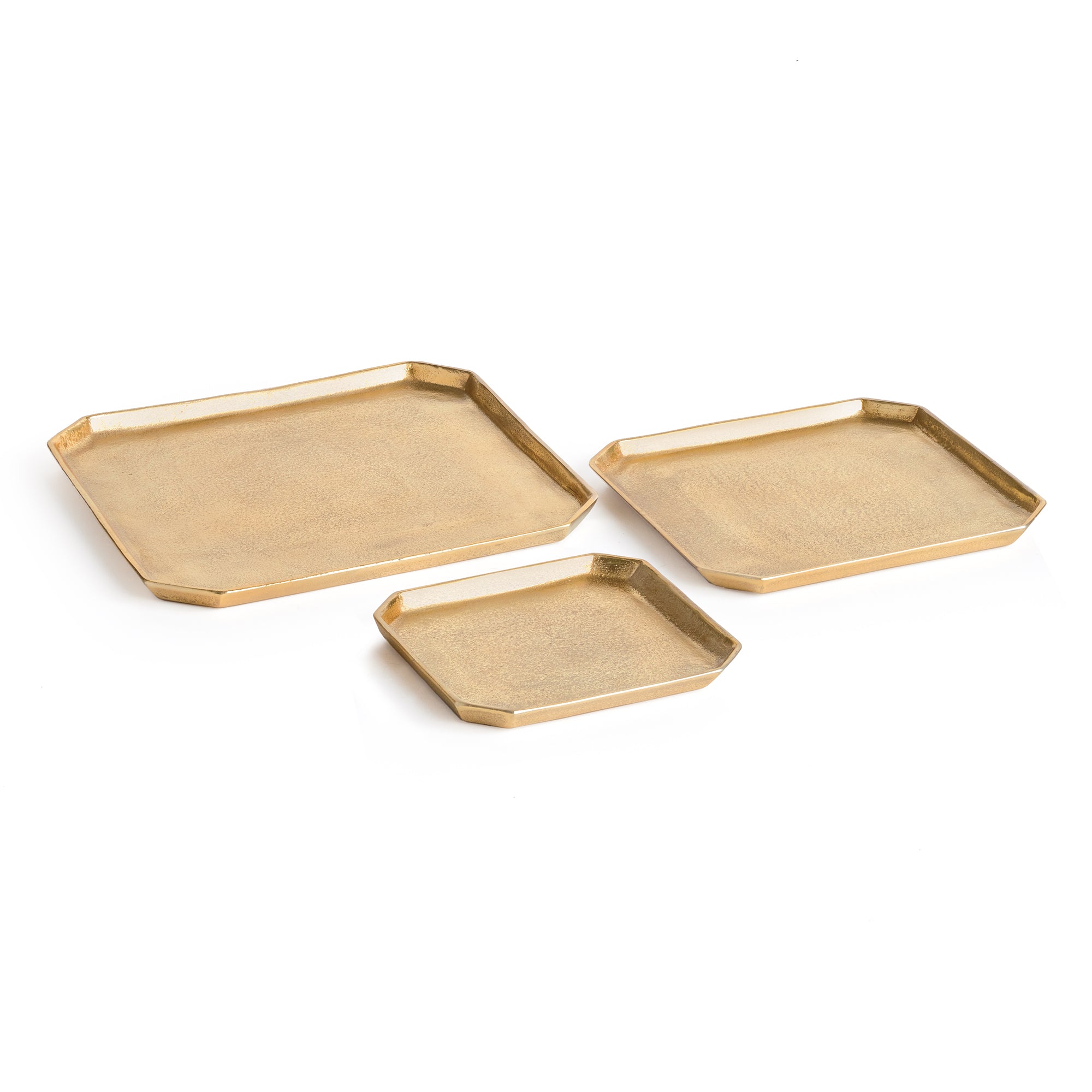 A geometric shape and sleek look make these cast aluminum trays unique. Line with a collection of candles for a golden, contemporary touch. They are dry food safe, so serve your favorite muffins or rolls in style at your next gathering. Amethyst Home provides interior design, new construction, custom furniture, and area rugs in the Salt Lake City metro area.