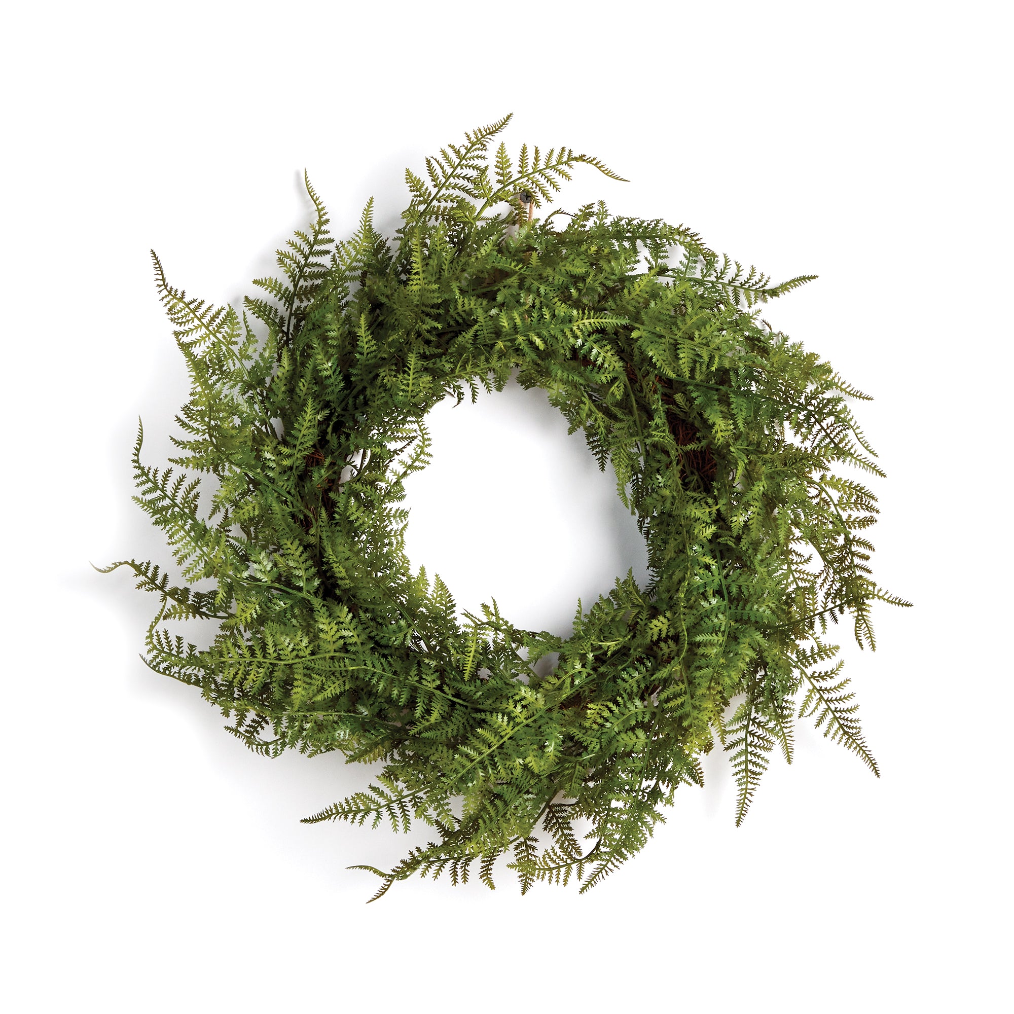 This fern wreath is full and lush. Soft faux fern stems assembled and generously applied, and comes with a twine loop for hanging. Simply beautiful on its own, or a great base to add additional floral stems or eucalyptus leaves, for more variety. Amethyst Home provides interior design, new construction, custom furniture, and area rugs in the Alpharetta metro area.