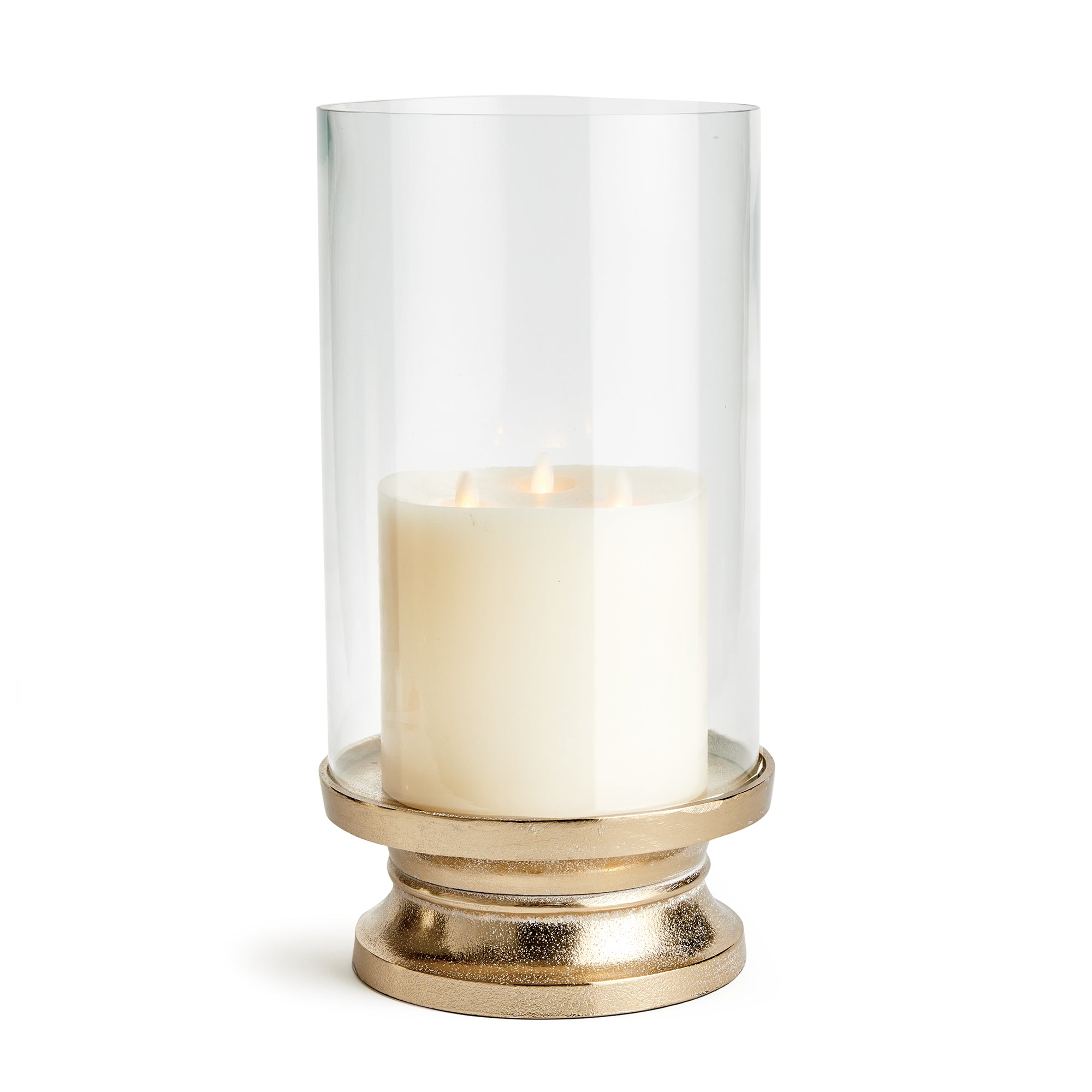 With a traditional silhouette and a snow-on-brass finish, this footed hurricane is at home in the fresh traditional setting. Add a tall pillar candle and enjoy the warm glow. Amethyst Home provides interior design, new construction, custom furniture, and area rugs in the Winter Garden metro area.