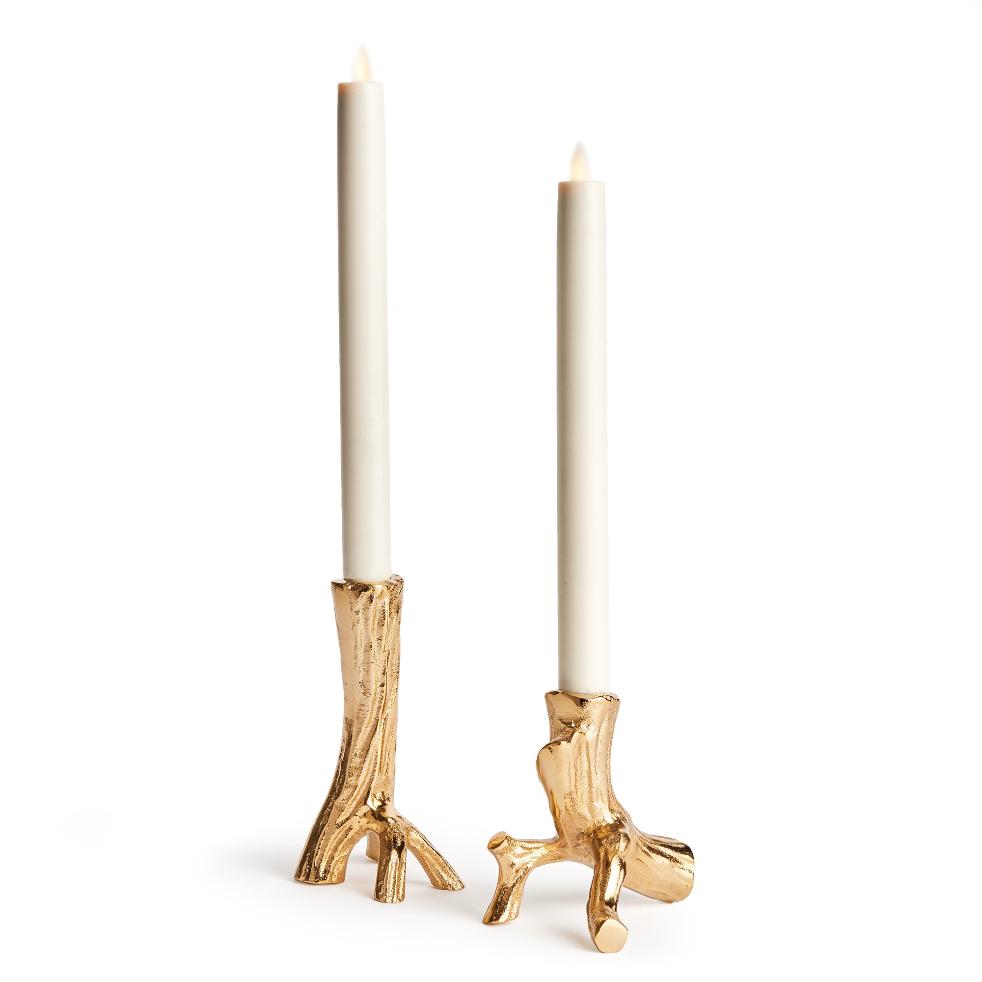 Made from hand-sculpted molds and in solid cast aluminum, these taper holders in warm gold are a substantial accent. Pair with any style taper candle and watch them glow. Amethyst Home provides interior design, new construction, custom furniture, and area rugs in the Scottsdale metro area.