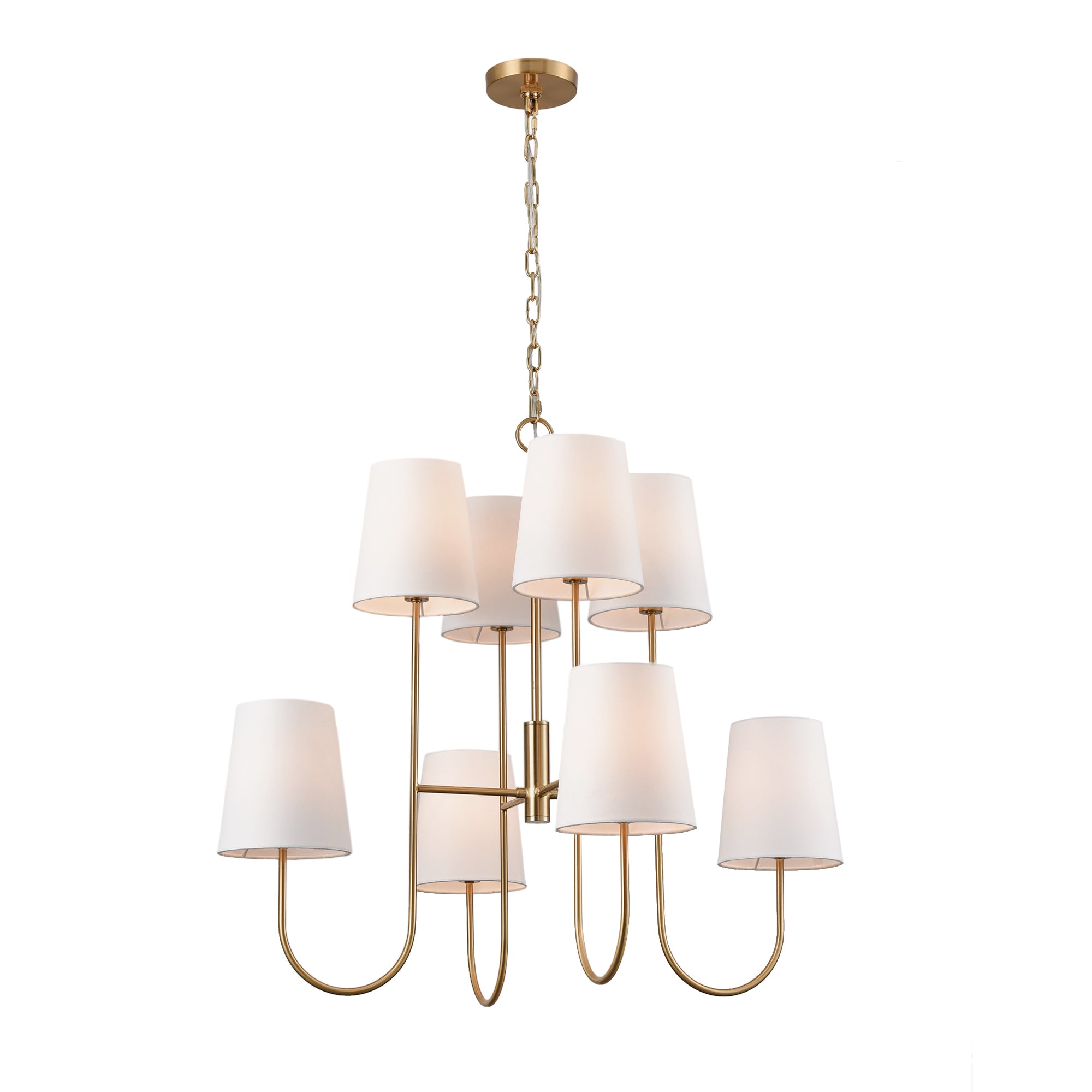 The Kinley Chandelier is a fresh take on a classic two-tiered shape. Subtle modern touches like the tapered shade and gold finish complete the look. Amethyst Home provides interior design, new construction, custom furniture, and area rugs in the Calabasas metro area.