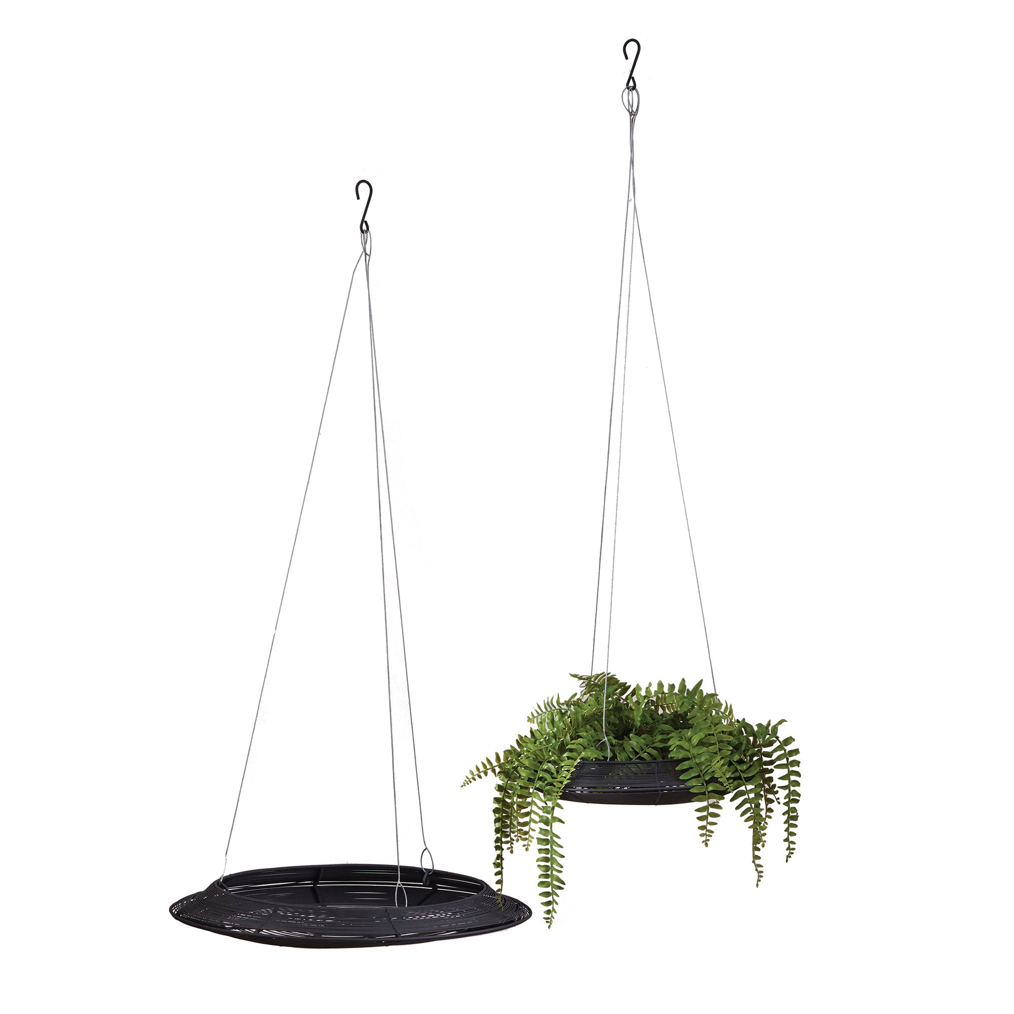 Basic in form with an unexpected shallow shape, this set of hanging wire baskets is made for the modern home Fill with a cascading succulent or some light air plants and hang on porch, balcony or anywhere. Amethyst Home provides interior design, new construction, custom furniture, and area rugs in the Kansas City metro area.