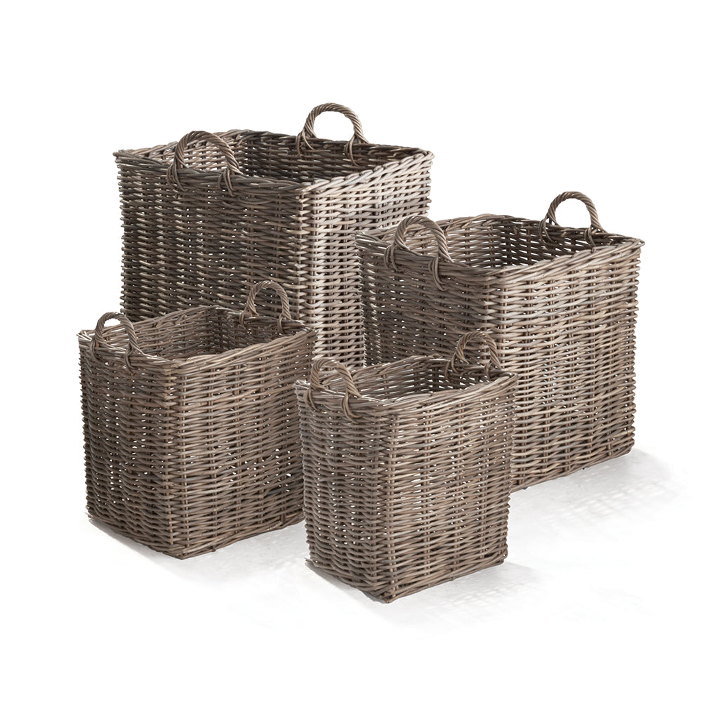 Party of four, right this way. This set of 4 baskets in dove gray are made with family in mind. Perfect for sorting laundry or for an elegant storage solution. Amethyst Home provides interior design, new construction, custom furniture, and area rugs in the Miami metro area.