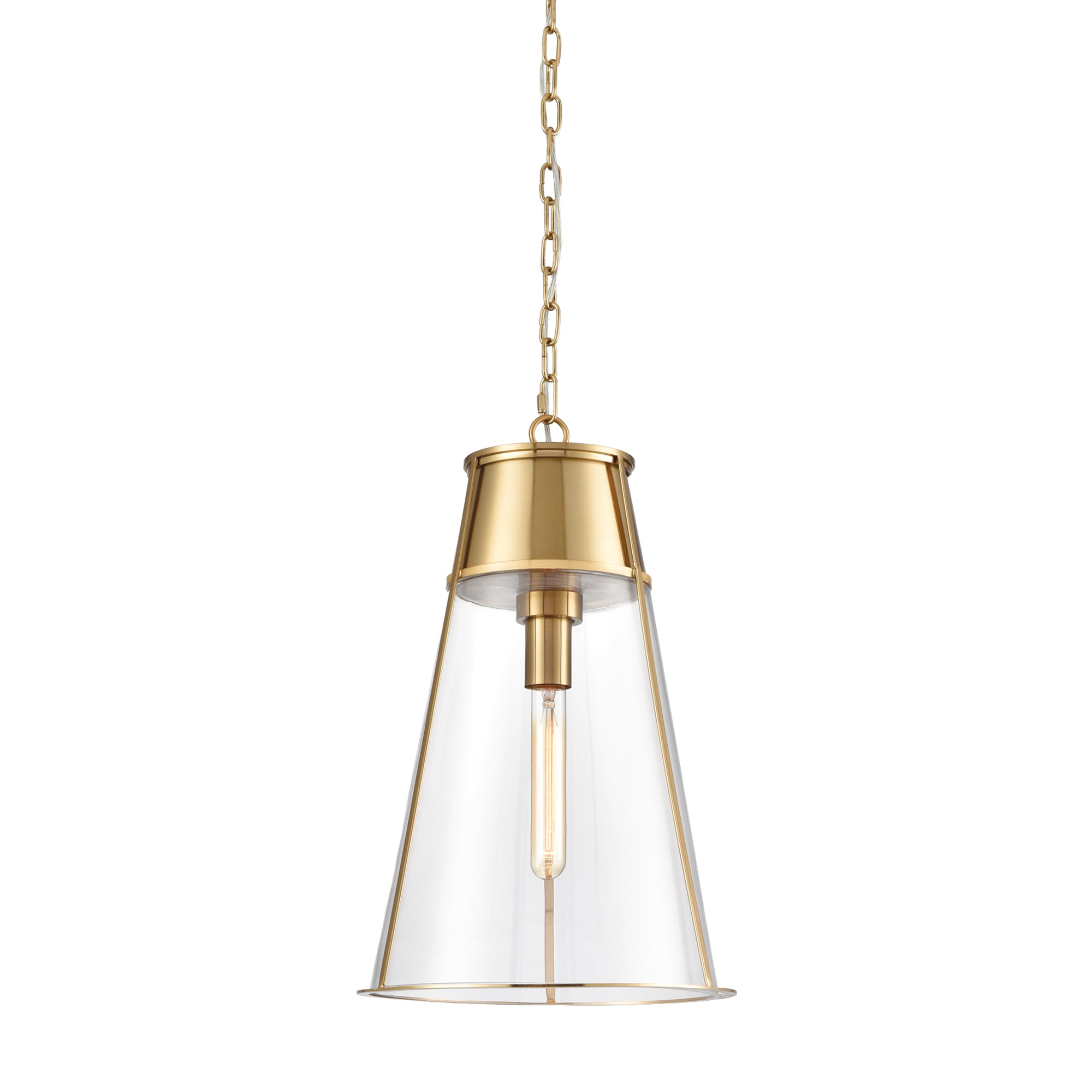 Generous in scale, and made of a modern mix of brass and glass, this pendant is a handsome fixture. Over an island, in an entry or foyer, a solid choice. Amethyst Home provides interior design, new construction, custom furniture, and area rugs in the Calabasas metro area.