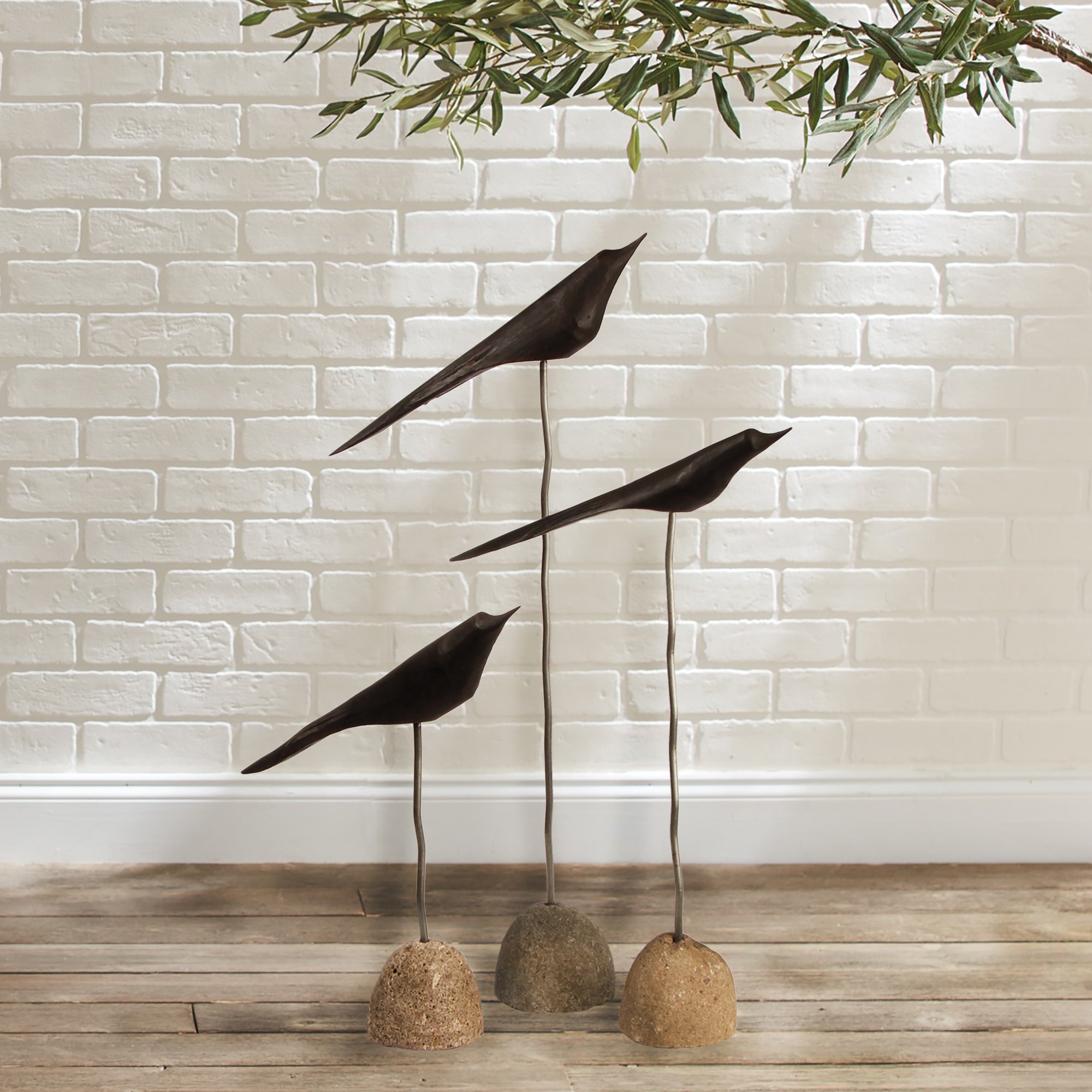 Handcrafted rustic artwork with modern black birds. Amethyst Home provides interior design, new construction, custom furniture, and area rugs in the Calabasas metro area.