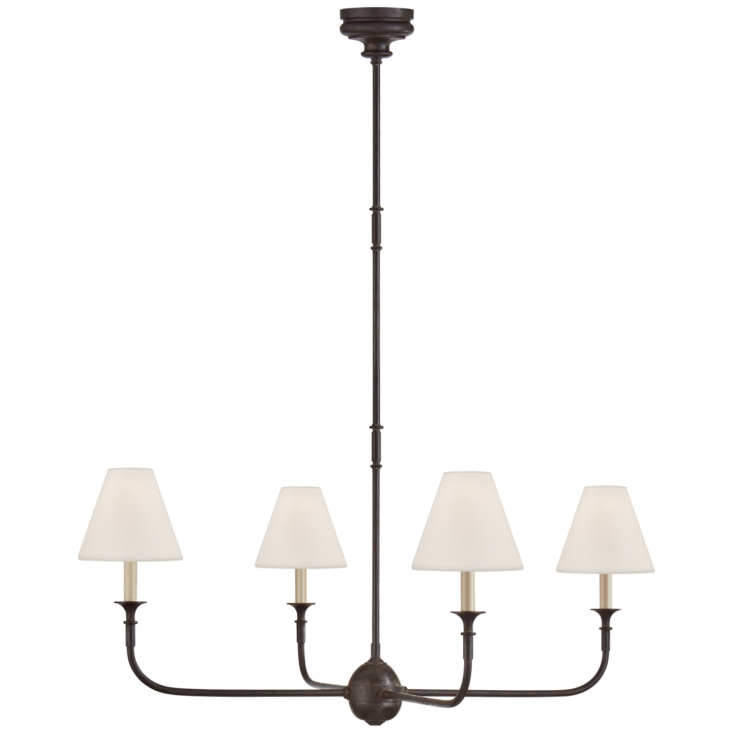 This Piaf Large Chandelier from Visual Comfort has linen shades and brings a warm, classic look to any dining room, living room, or other large space. The chandelier comes in two colors, the first is "Aged Iron and Ebonized Oak" and the second is "Swedish Grey".