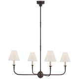 This Piaf Large Chandelier from Visual Comfort has linen shades and brings a warm, classic look to any dining room, living room, or other large space. The chandelier comes in two colors, the first is "Aged Iron and Ebonized Oak" and the second is "Swedish Grey".