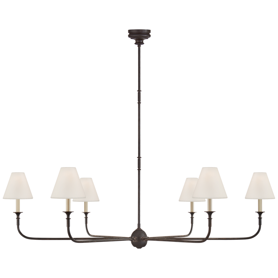 This Piaf Grande Chandelier from Visual Comfort has linen shades and brings a warm, classic look to any entry way, living room, or other large area. The chandelier comes in two colors, the first is "Aged Iron and Ebonized Oak" and the second is "Swedish Grey".