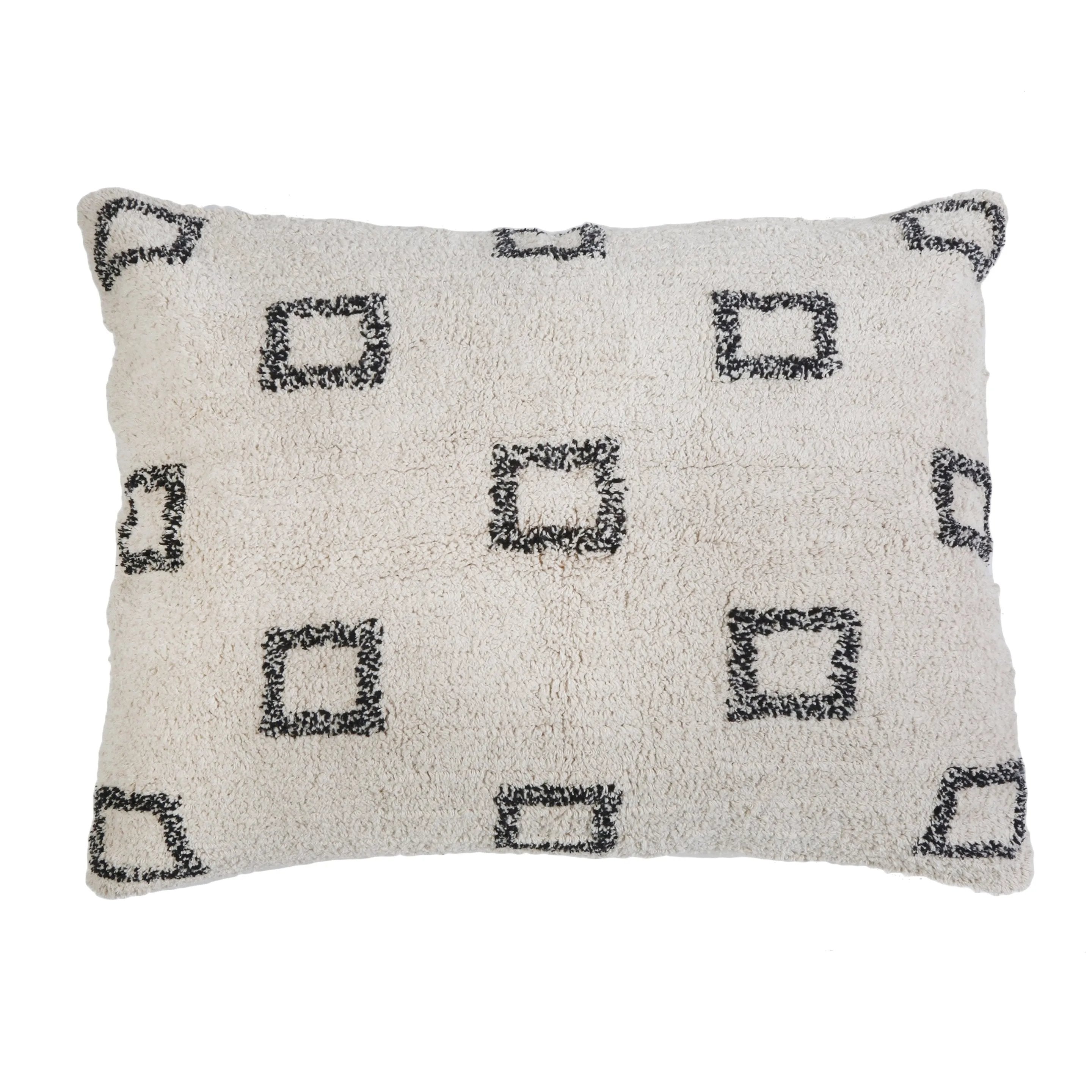 Soft and plush this oversized, hand-woven shag pillow adds a touch of boho to your bedroom or home. Featuring a repeating pattern of charcoal boxes, this pillow is one of our most popular items ever Amethyst Home provides interior design, new home construction design consulting, vintage area rugs, and lighting in the Boston metro area.