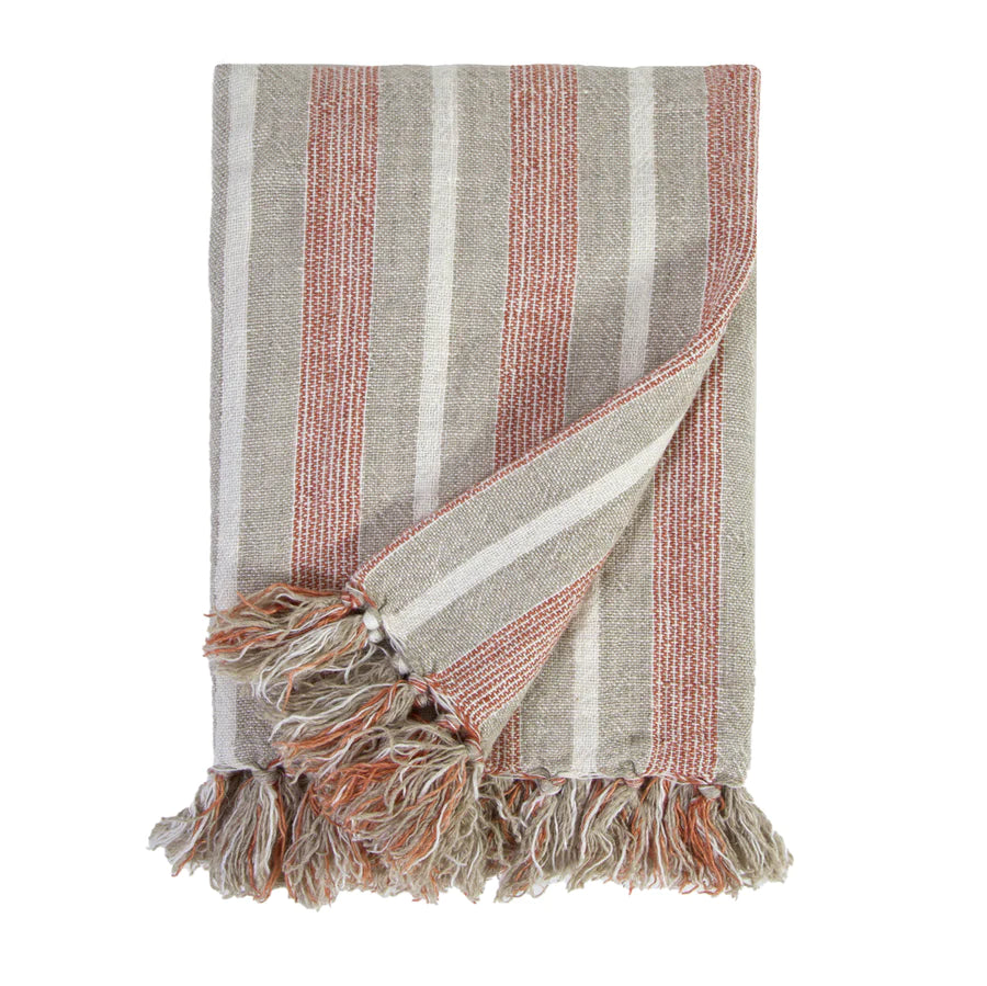 The Montecito Oversized Throw is a 100% heavy weight hand loomed linen that features broad coastal inspired stripes surrounded by soft tassels. Amethyst Home provides interior design services, furniture, rugs, and lighting in the Omaha metro area.