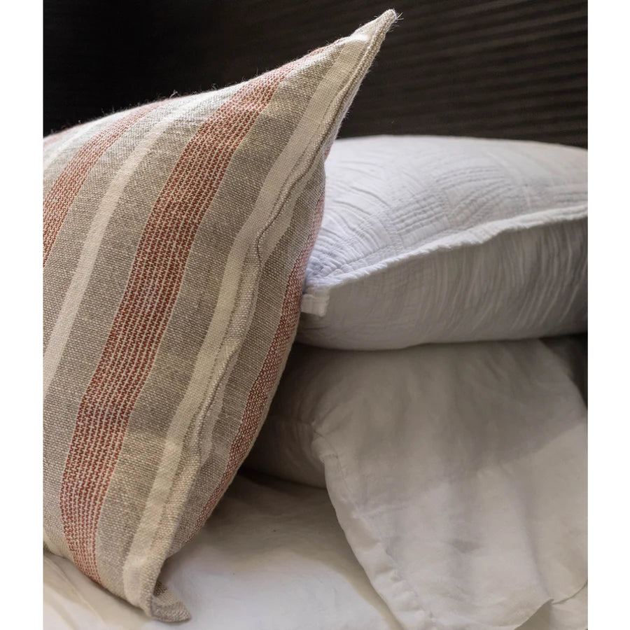 The Montecito Pillow With Insert is a 100% heavy weight hand loomed linen that features alternating thick and thin stripes in a warm color palette of terra cotta and natural surrounded by a 1/2” finished flange. Amethyst Home provides interior design services, furniture, rugs, and lighting in the Miami metro area.