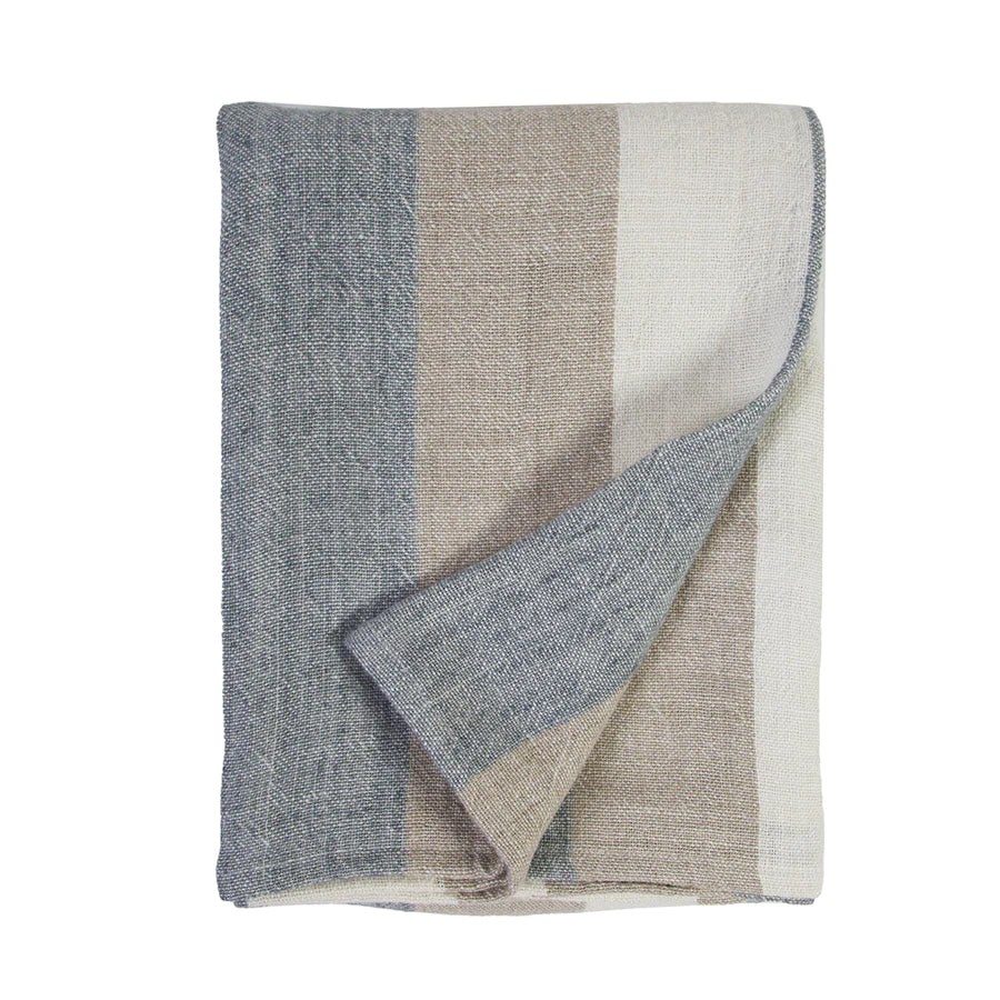 The Monterey Blanket is a 100% heavy weight hand loomed linen that features broad coastal inspired stripes surrounded by a 1/2” finished flange.  Amethyst Home provides interior design services, furniture, rugs, and lighting in the Kansas City metro area.
