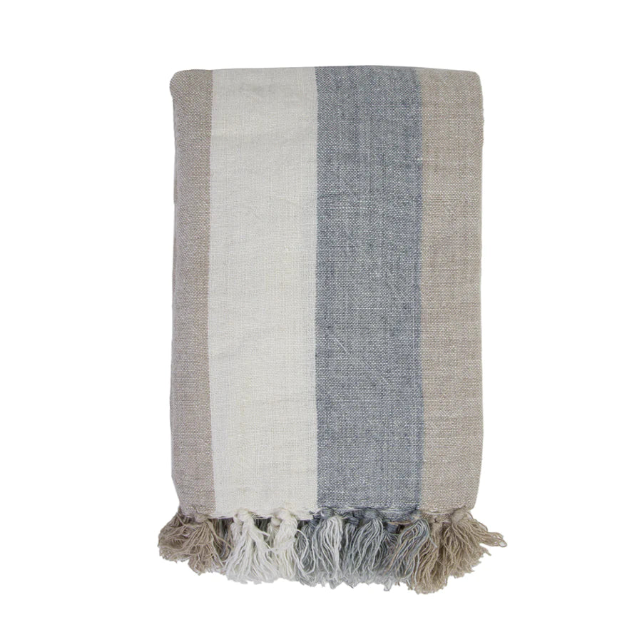 The Monterey Oversized Throw is a 100% heavy weight hand loomed linen that features broad coastal inspired stripes surrounded by soft tassels. Amethyst Home provides interior design services, furniture, rugs, and lighting in the Omaha metro area.
