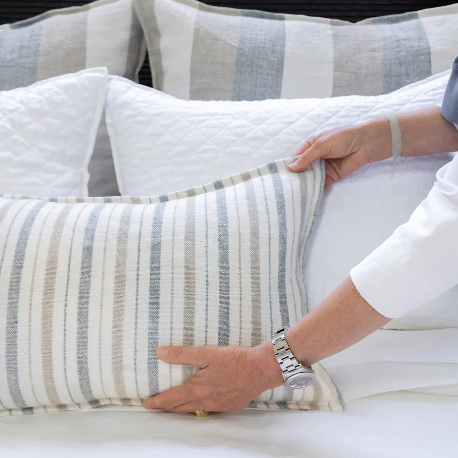 The Naples Pillow With Insert is a 100% hand-loomed, heavy weight linen that features a 1/2" flange and alternating thin and medium stripes of ocean and natural. Amethyst Home provides interior design services, furniture, rugs, and lighting in the Miami metro area.