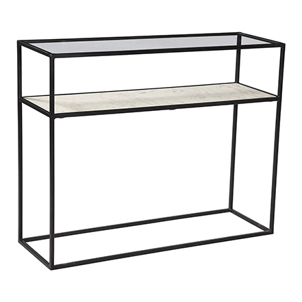 The Ramos Console Table has a thin iron glass frame with a gorgeous marble shelf. This brings a sleek element to any entryway or living room.  IRON WITH GLASS AND MARBLE GUN METAL FINISH FLAT POLISHED GLASS INDIA Size: 42"l x 12"d x 32" h 