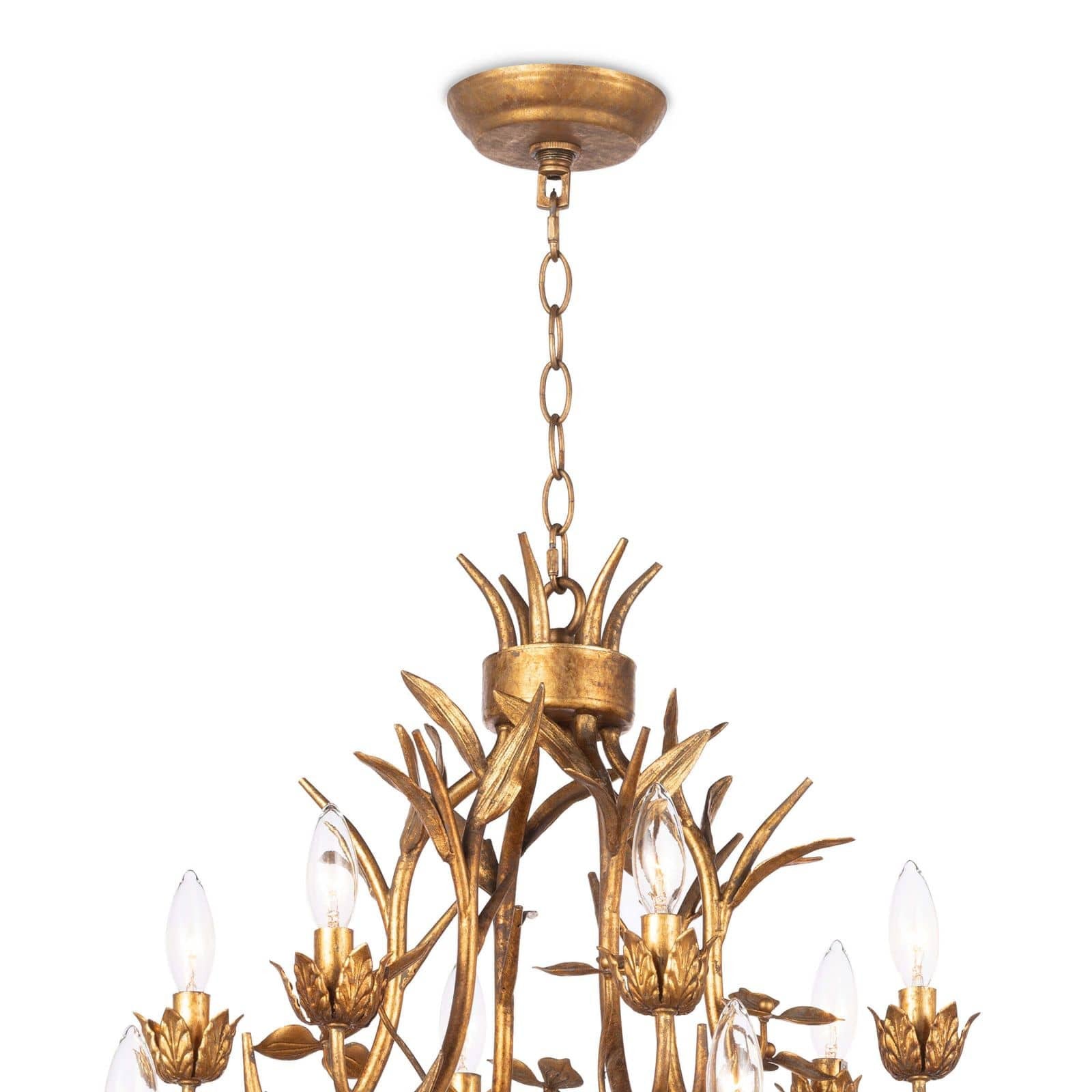 We love the vintage charm of this Trillium Chandelier by Regina Andrew with its detailed flowers and branches gilded in gold leaf. An elegant chandelier to place in any living room, entry way, or dining room.   Overall Dimension: 34"w x 34"d x 39"h 