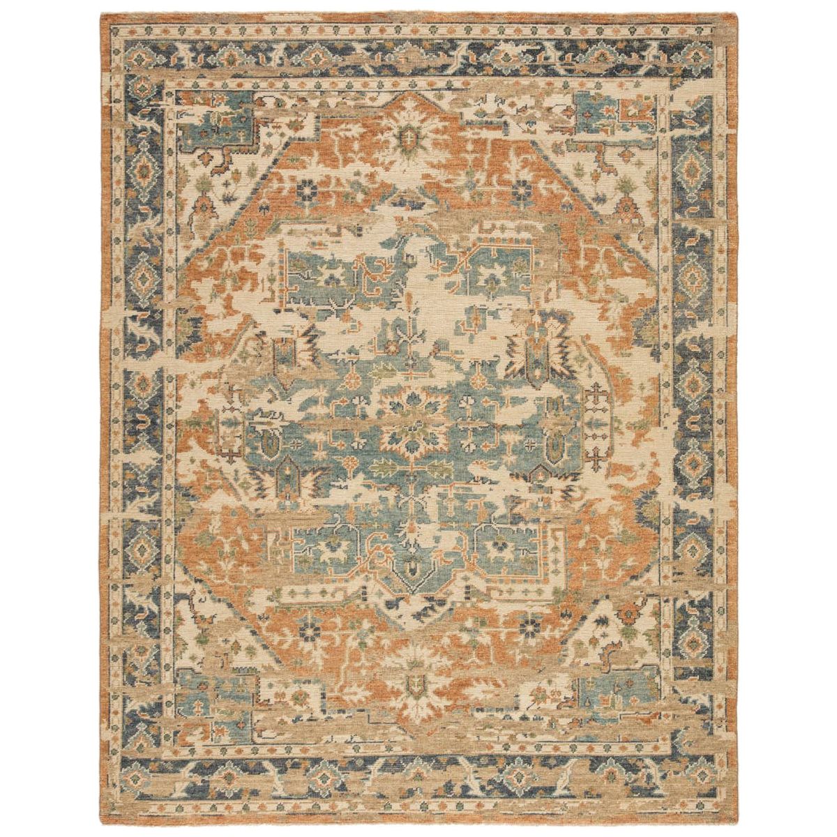 The Rhapsody Cadenza Honey Ginger Rug by Jaipur Living, or RHA02, showcases a distressed center medallion in in orange, blue, and light green on a neutral beige ground. This durable wool hand knotted rug is perfect for the living room, entry way, or other high traffic areas. 
